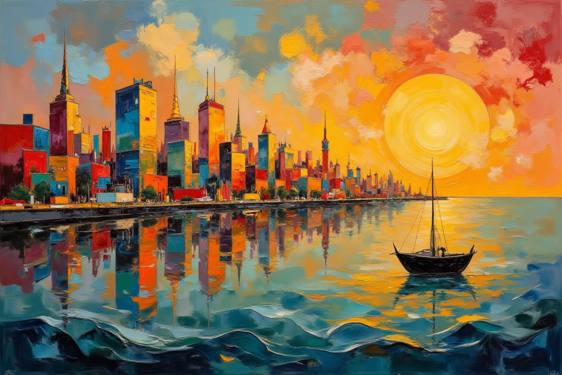An abstract surrealist painting showcasing a metropolis city,  boat,  ocean on Tensor.Art