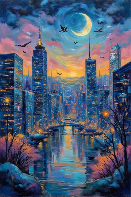 A surreal cityscape unfolds at dusk,  with the crescent moon glowing bright in a wispy blue sky. Towering skyscrapers morp...