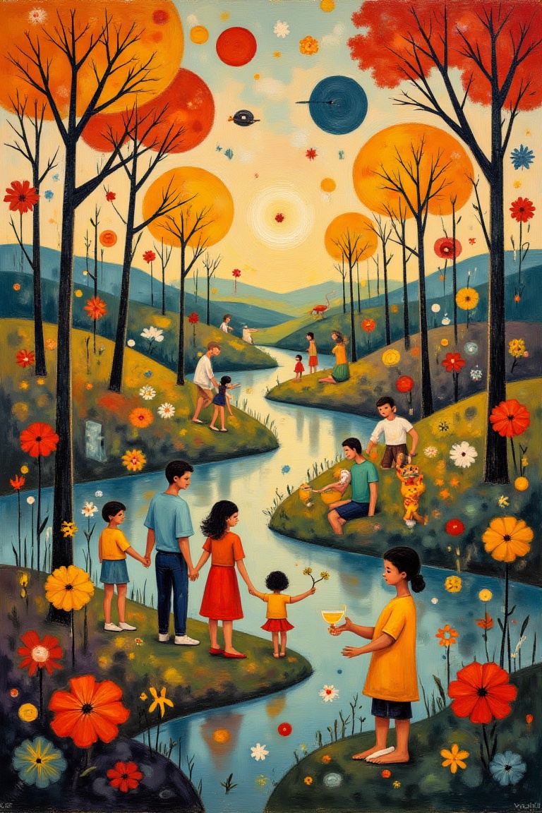 An abstract surrealist painting depicting a family reunion. The composition features a dreamlike gathering of family membe...