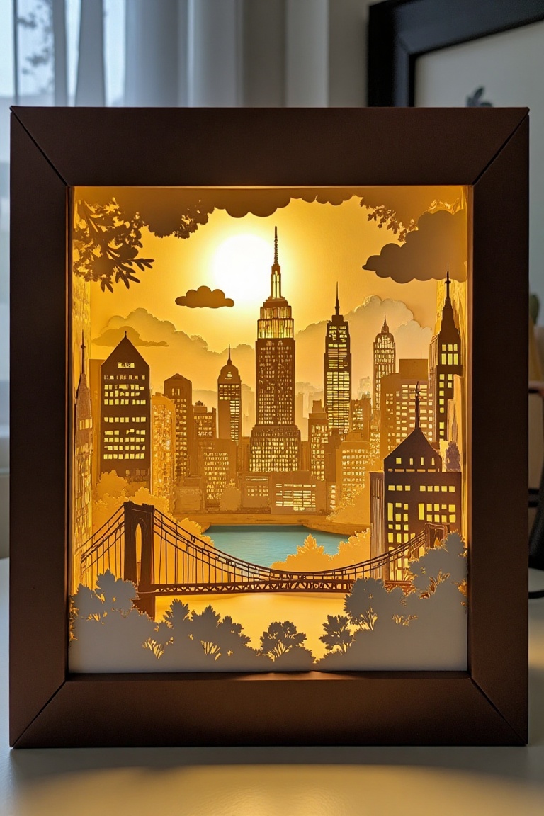 A detailed paper craft lightbox scene featuring a vibrant New York City view at night. The composition showcases the iconi...