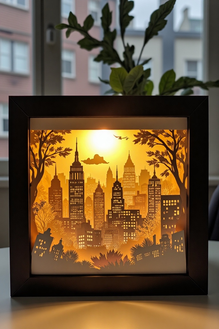 A detailed paper craft lightbox scene featuring a vibrant New York City view at night. The composition showcases the iconi...