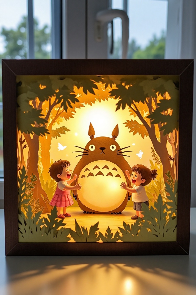 A whimsical paper craft lightbox scene featuring Totoro and two little kids sharing a happy moment in a serene forest sett...