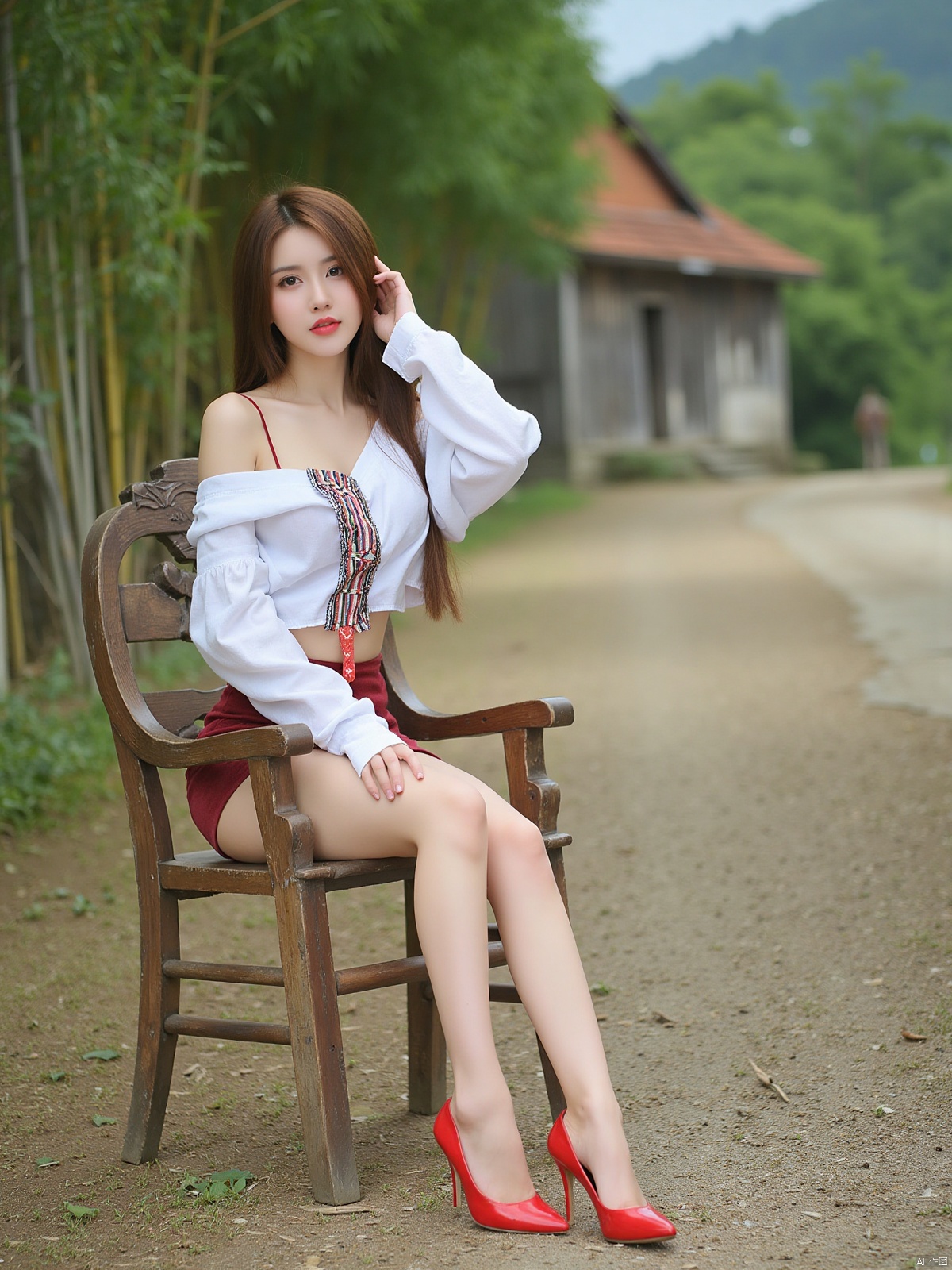 Realistic photo, 1girl, long hair, fair skin, big breasts, off-shoulder shirt, short pencil skirt, long legs, red high heels, full body, sitting on an old wooden chair, countryside, land, old house, bamboo forest,