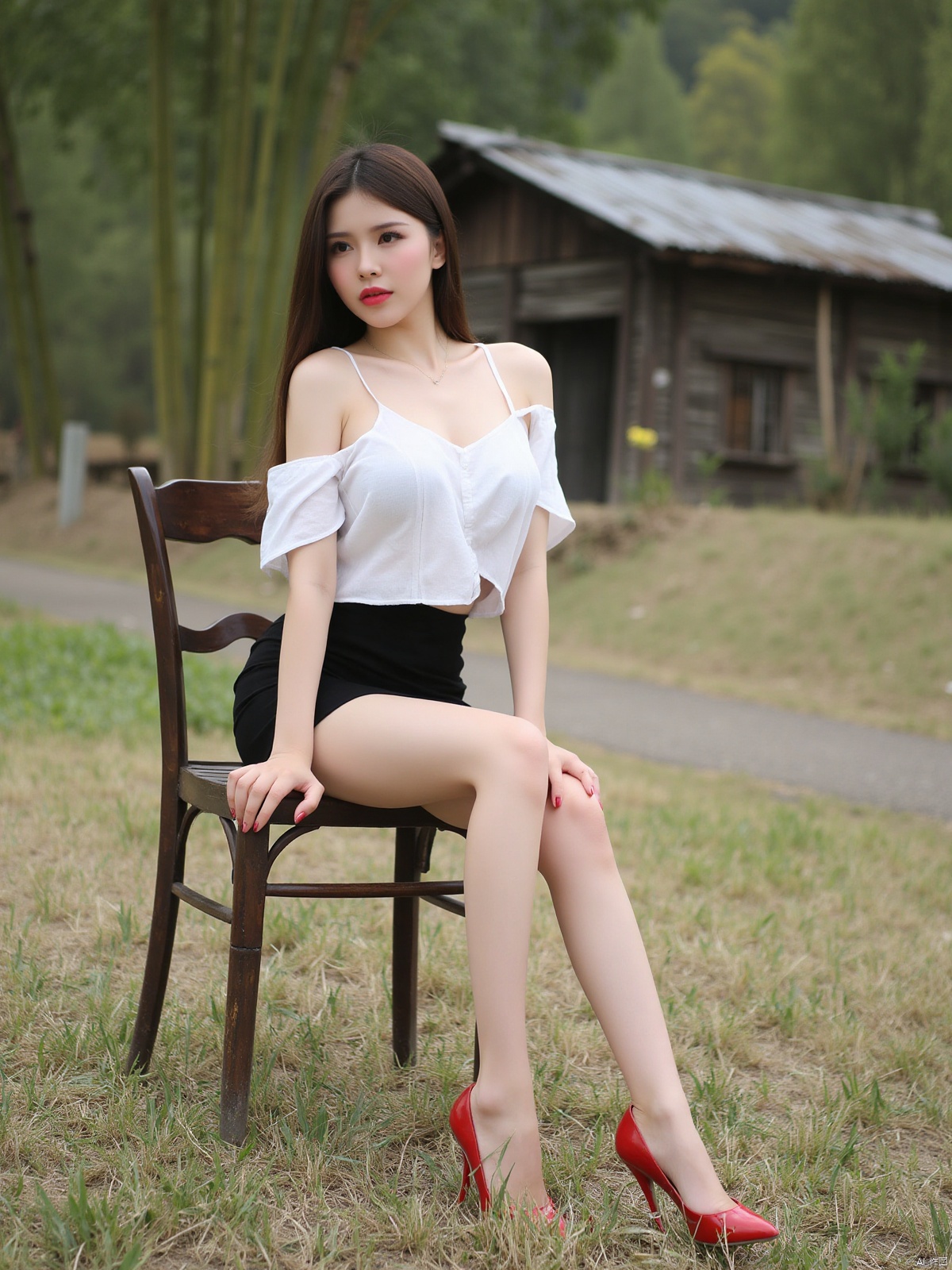 Realistic photo, 1girl, long hair, fair skin, big breasts, off-shoulder shirt, short pencil skirt, long legs, red high heels, full body, sitting on an old wooden chair, countryside, land, old house, bamboo forest,