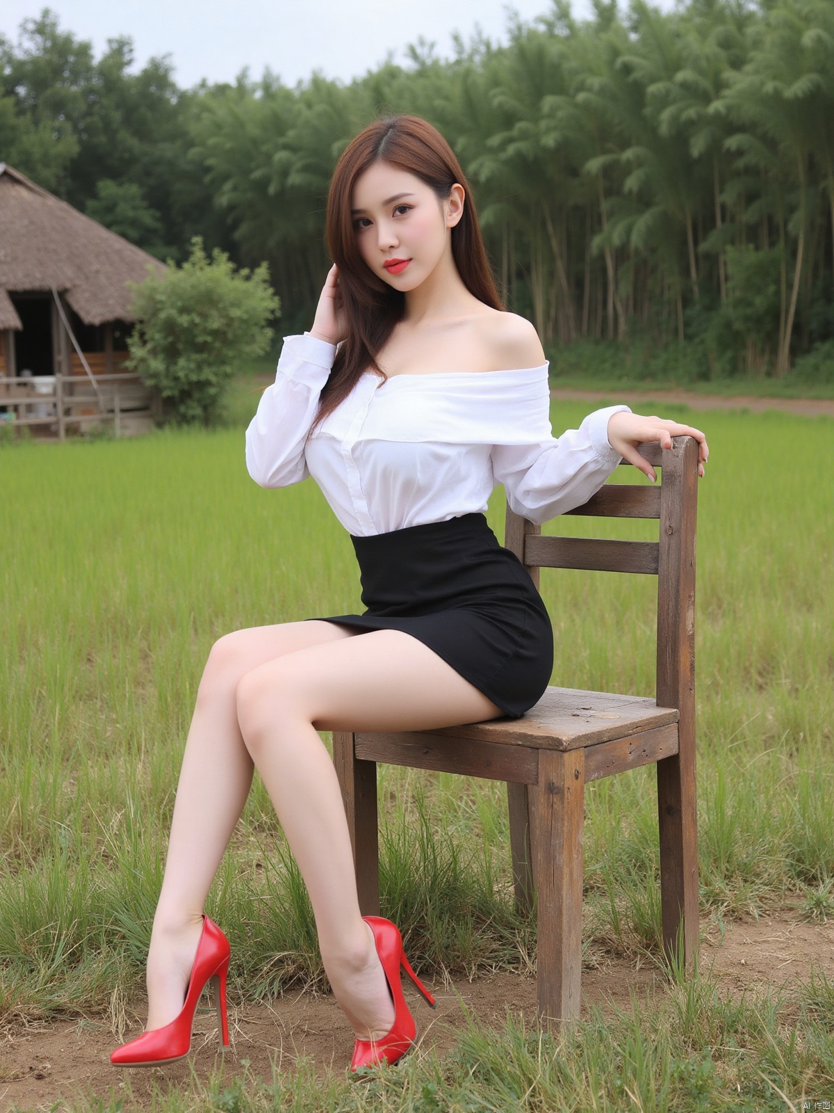Realistic photo, 1girl, long hair, fair skin, big breasts, off-shoulder shirt, short pencil skirt, long legs, red high heels, full body, sitting on an old wooden chair, countryside, land, old house, bamboo forest,