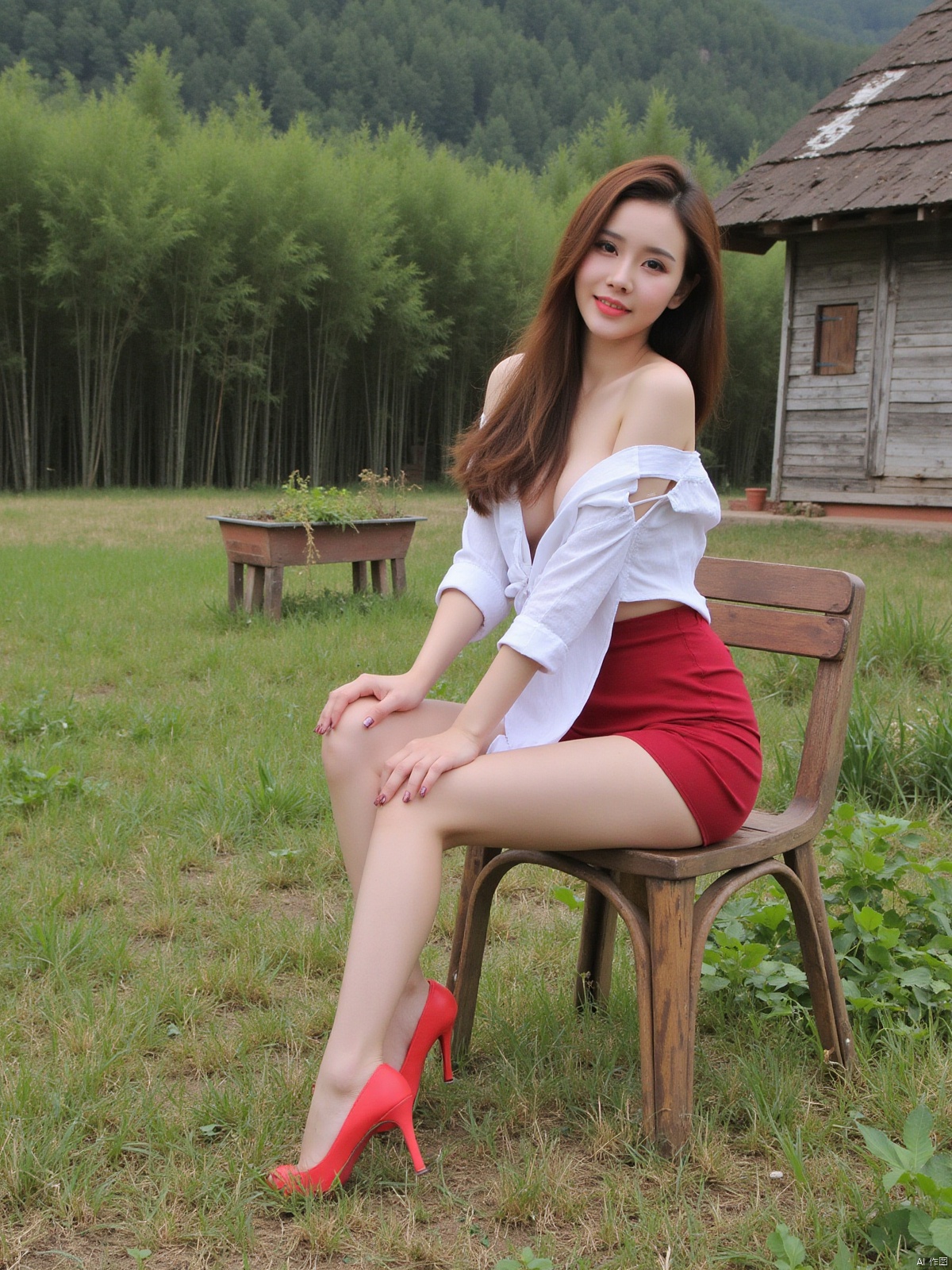Realistic photo, 1girl, long hair, fair skin, big breasts, off-shoulder shirt, short pencil skirt, long legs, red high heels, full body, sitting on an old wooden chair, countryside, land, old house, bamboo forest,