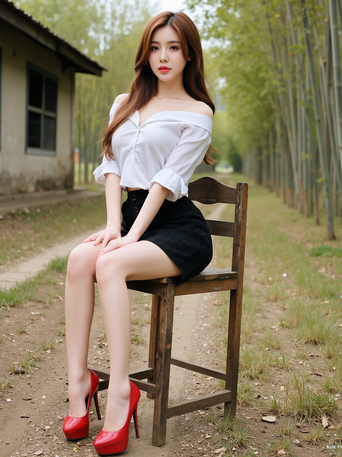 Realistic photo, 1girl, long hair, fair skin, big breasts, off-shoulder shirt, short pencil skirt, long legs, red high heels, full body, sitting on an old wooden chair, countryside, land, old house, bamboo forest,