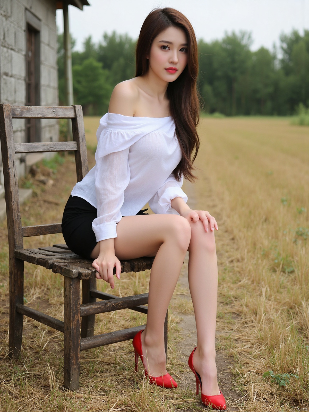 Realistic photo, 1girl, long hair, fair skin, big breasts, off-shoulder shirt, short pencil skirt, long legs, red high heels, full body, sitting on an old wooden chair, countryside, land, old house, bamboo forest,