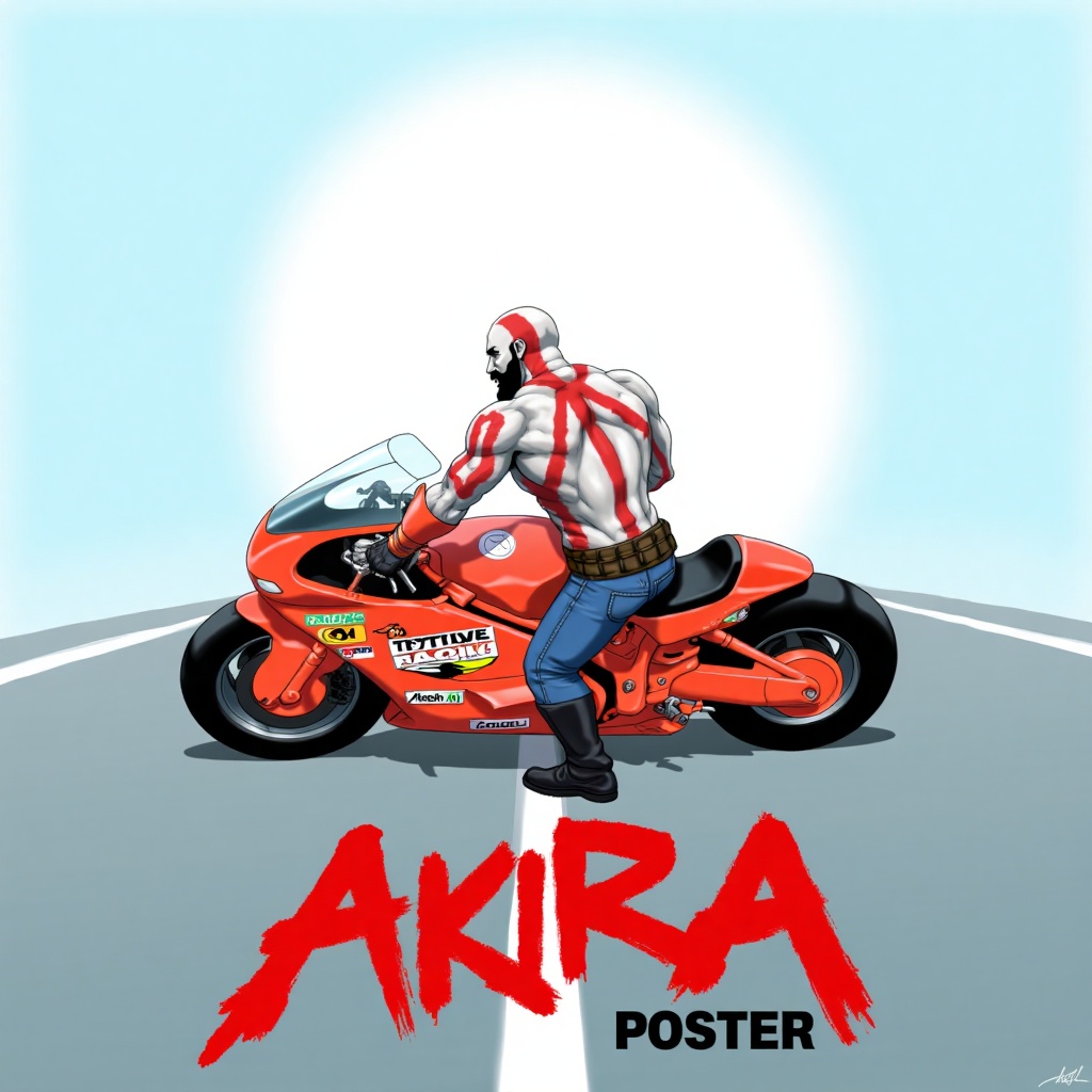 akira_poster,  kratos god of war is heading towards a red akira motorbike with SOME sponsor logos. At the bottom of the po...