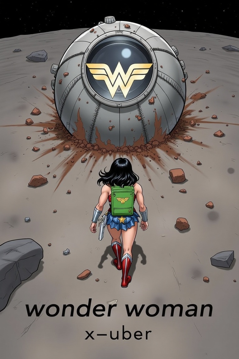akira_poster,  wonder woman in the middle wearing green courier bag at the back,  heading towards a large on Tensor.Art