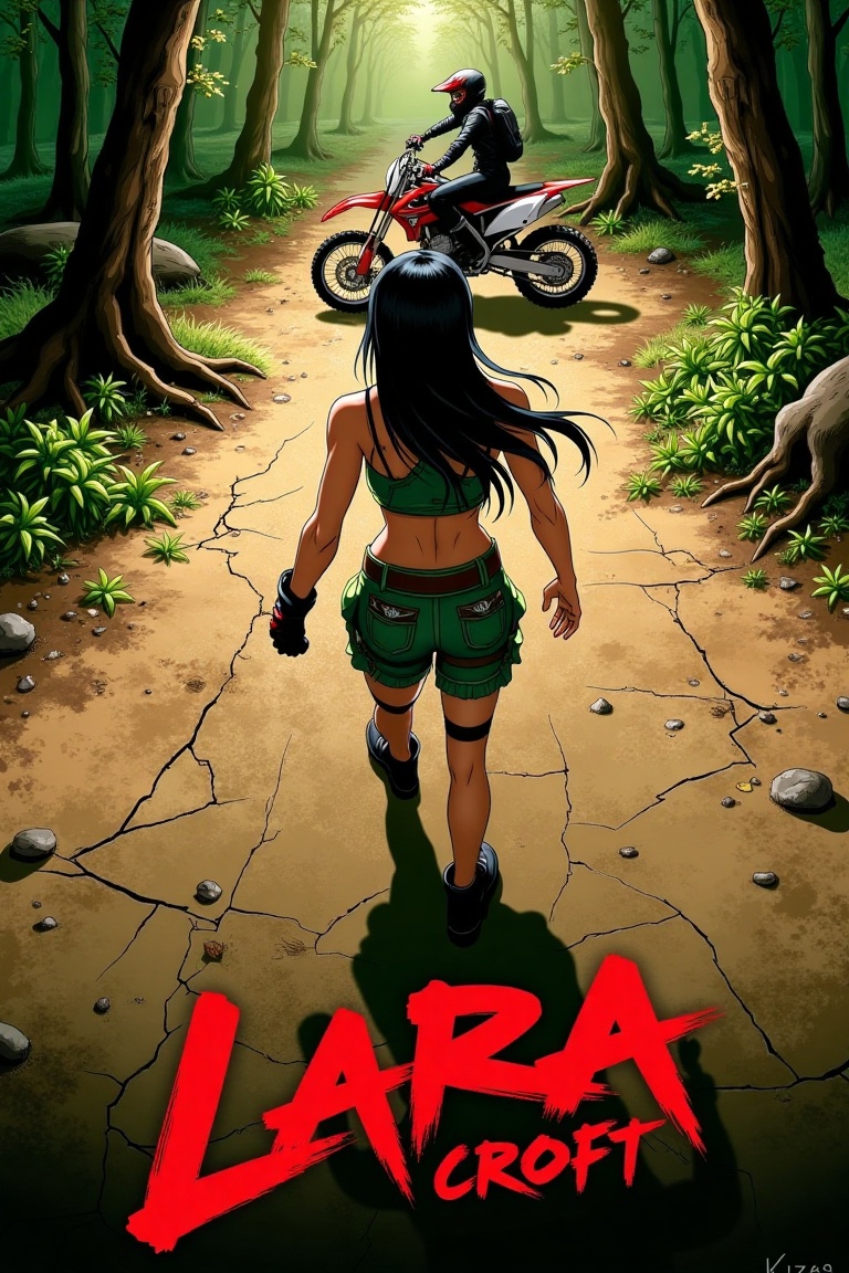 akira_poster,  Angelina Jolie as lara croft in the middle,  heading towards a motocross on Tensor.Art