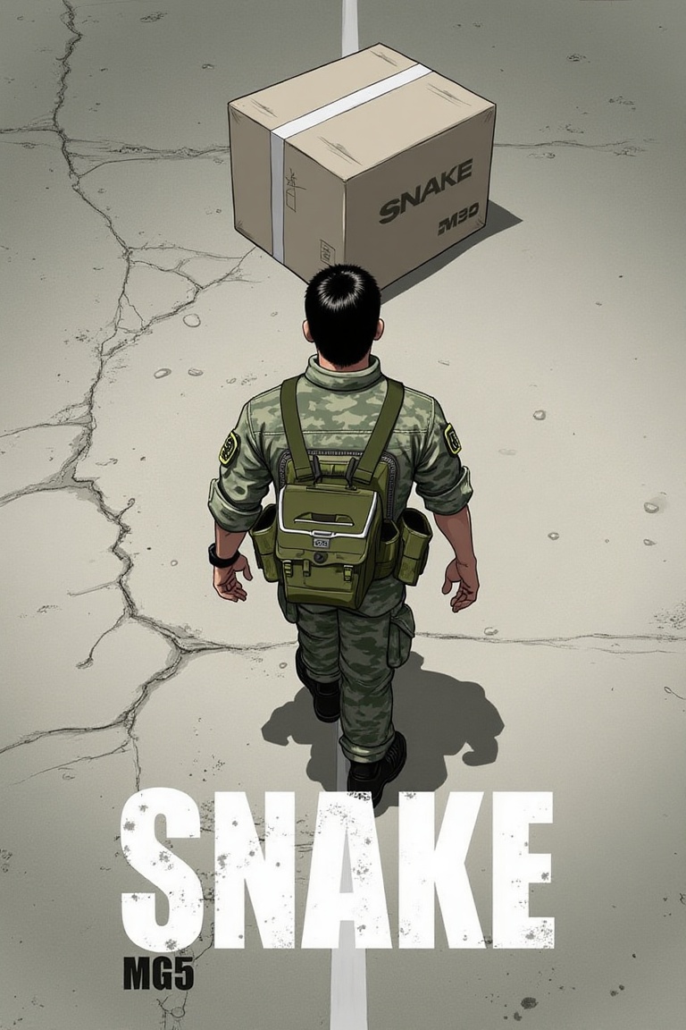 akira_poster,  a military man in the middle with back waist bag heading towards a grey cardboard box. At the bottom of the...