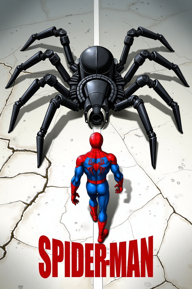 akira_poster,  spiderman in the middle,  heading towards a robotic spider-shaped vehicle on Tensor.Art