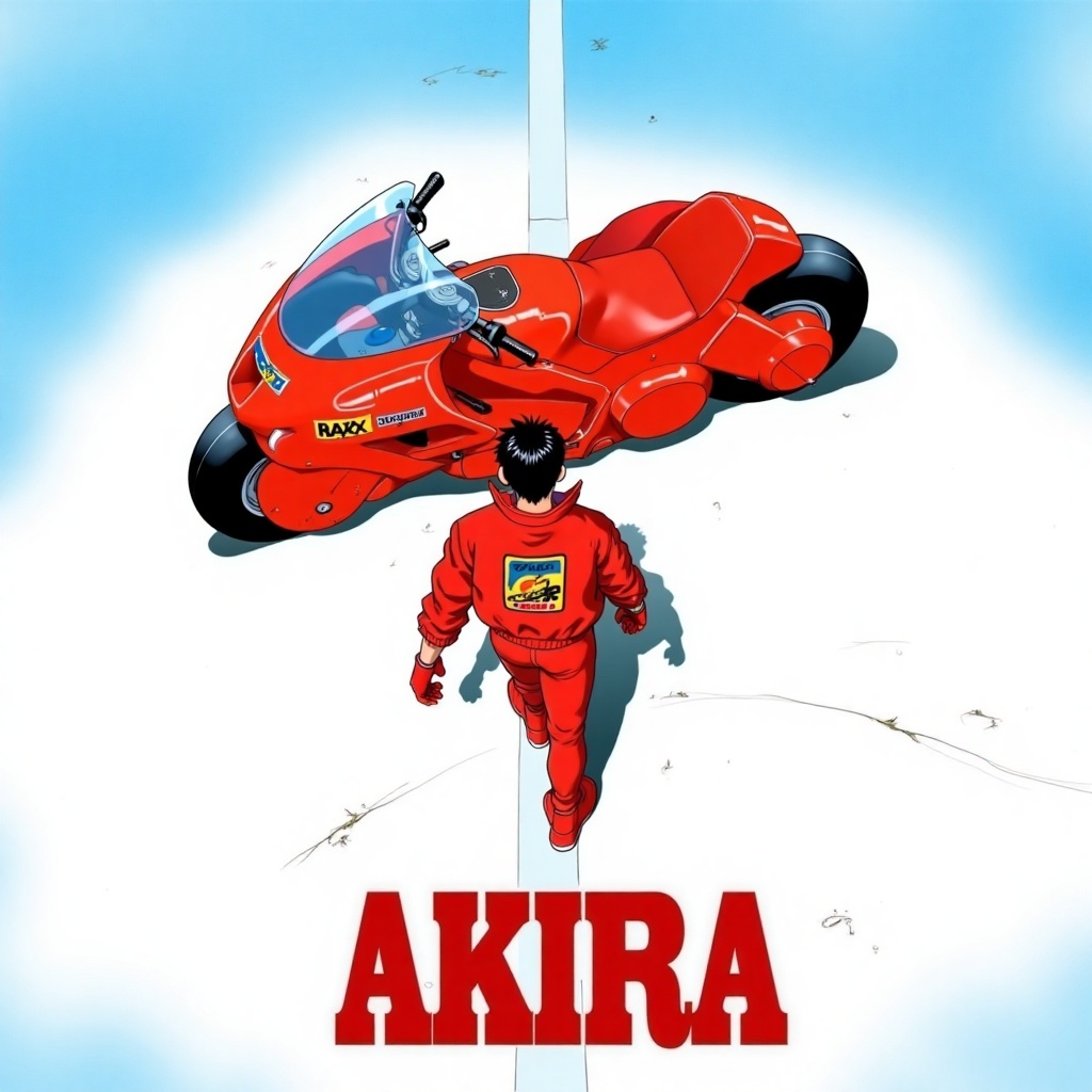 akira_poster,  a character man from the anime akira in the middle wearing a red jacket,  red pants on Tensor.Art