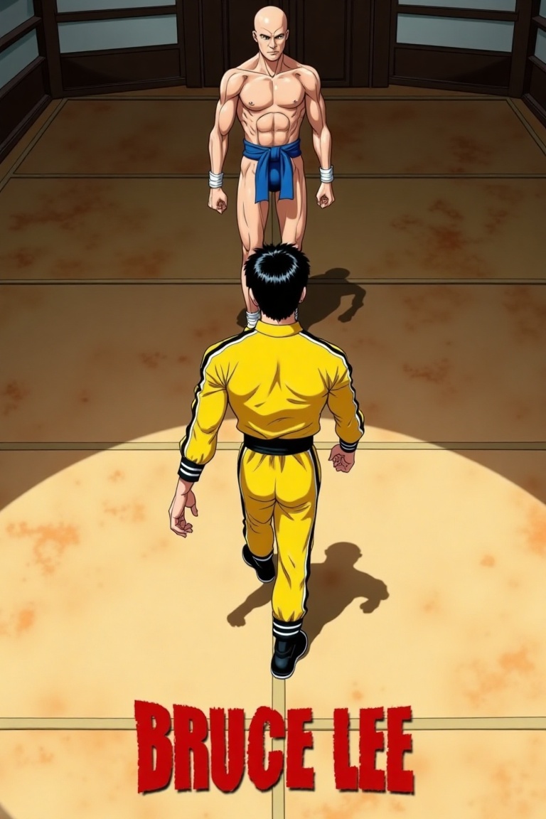 akira_poster,  a bruce lee in the middle,  wearing iconic yellow outfit heading towards a Wing-Chun Dummy on Tensor.Art