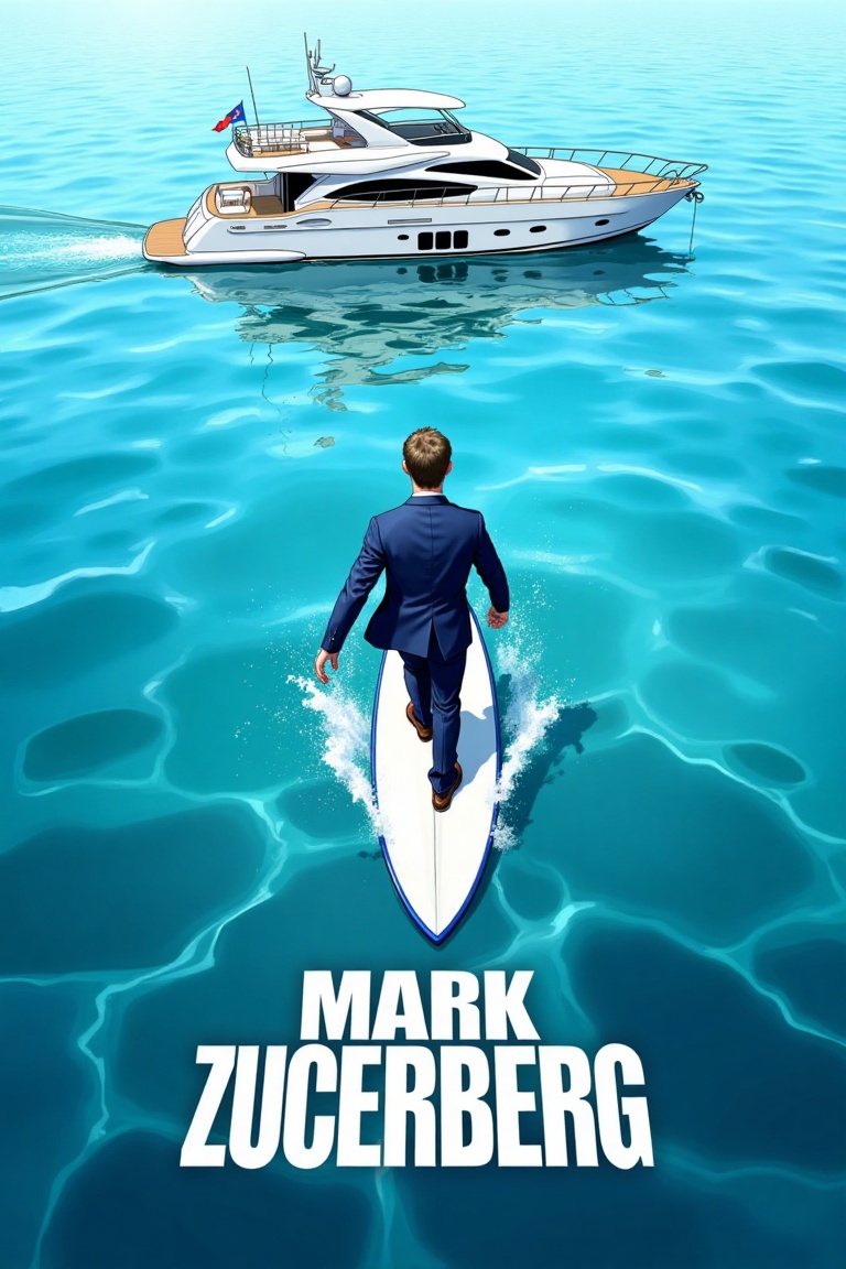 akira_poster,  a Mark Zuckerberg in the middle,  wearing a formal suit surfing towards a yacht on Tensor.Art