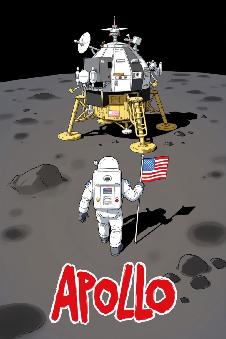 akira_poster,  a white astronaut in the middle holding an american flag in his right hand heading towards an apollo lunar...
