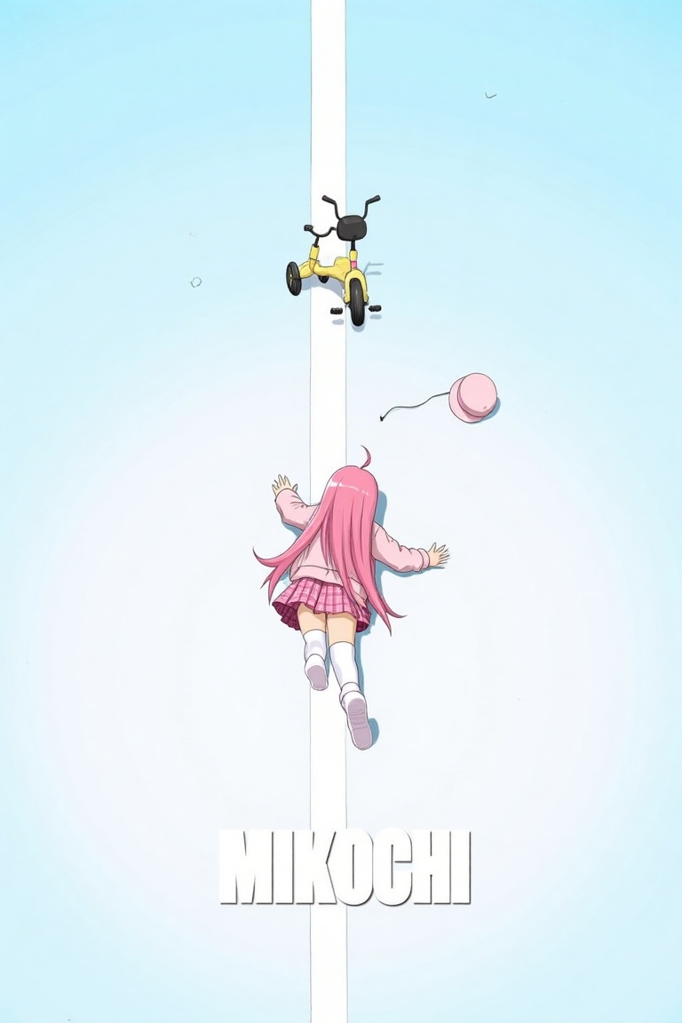 akira_poster,  a young girl with long pink hair in the middle wearing a pink and white school uniform,  including a pleate...
