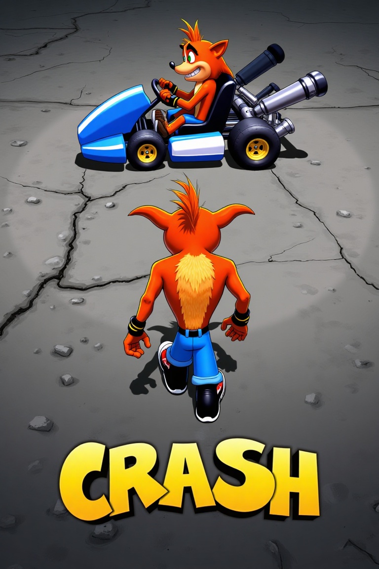 akira_poster,  crash bandicoot in the middle heading towards a blue gokart. At the bottom of the poster,  the title "CRASH...