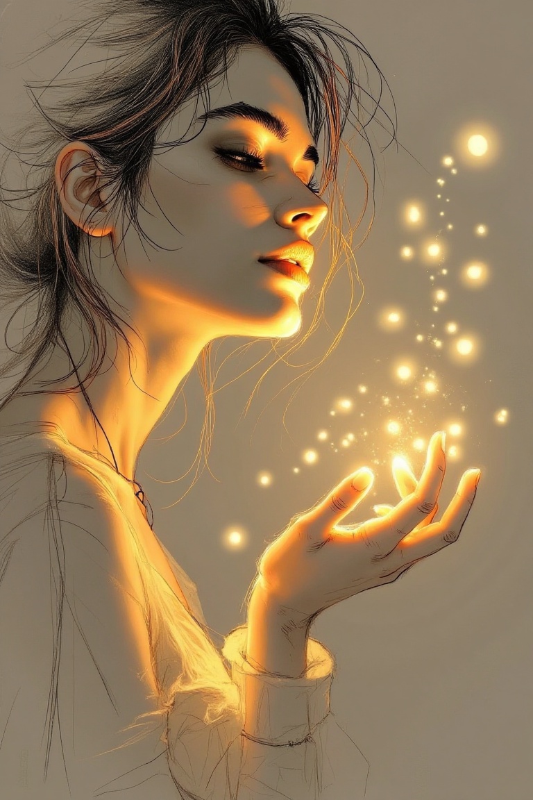 A detailed sketch of a beautiful woman,  her delicate hand outstretched,  glowing fireflies swirling around her fingers on...