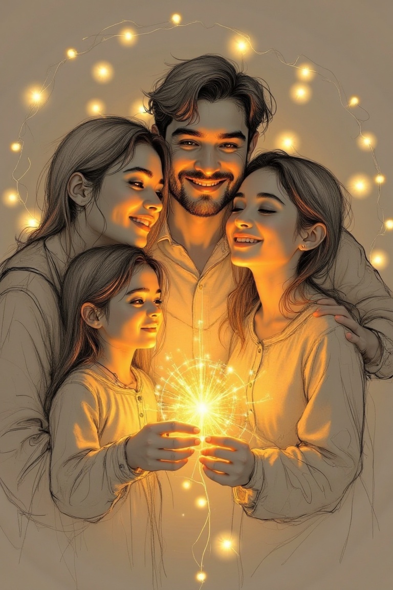 A detailed sketch capturing a heartfelt family reunion,  with a combined light effect surrounding them,  creating a warm a...