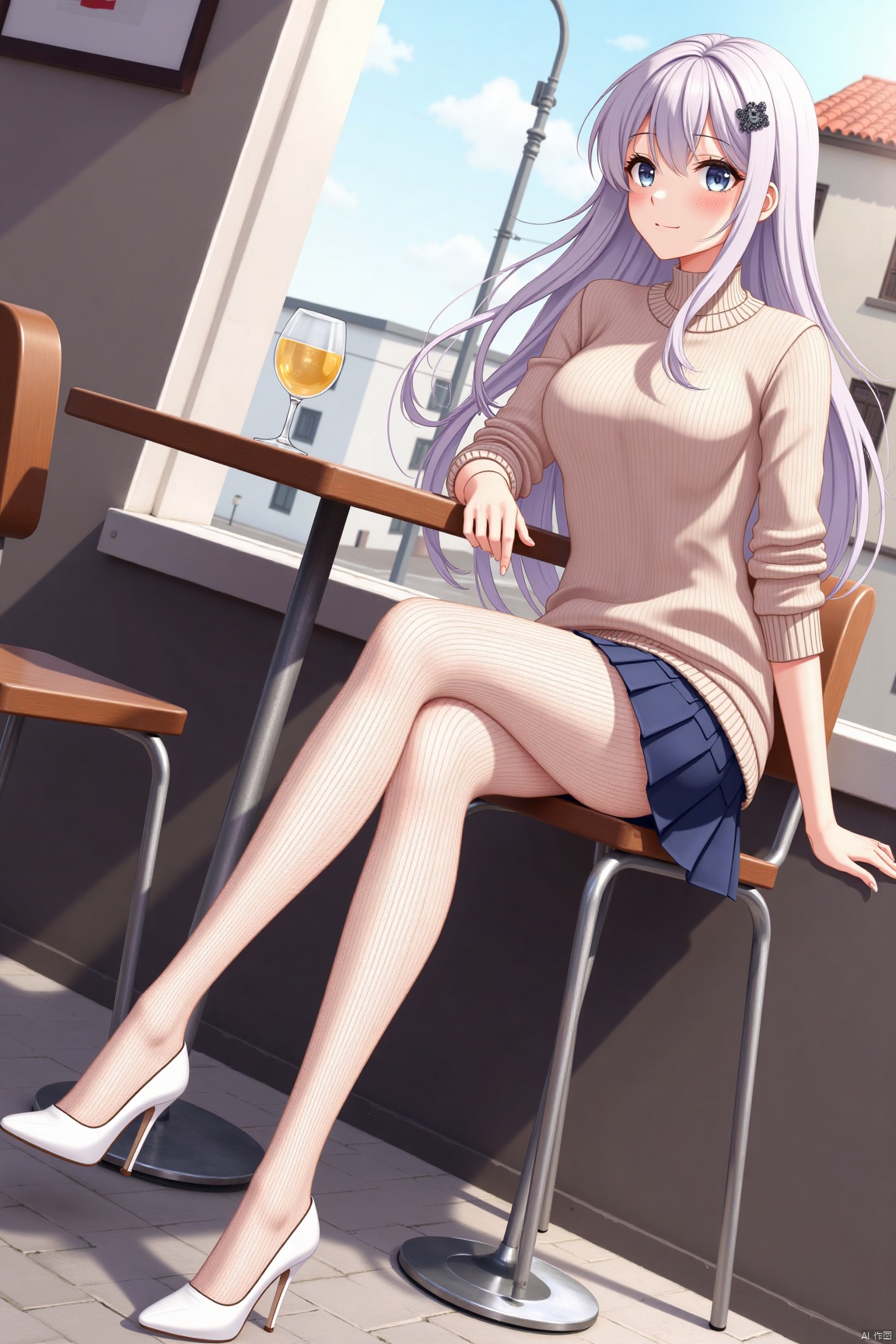 1girl,long hair,pretty,long legs,looking away,Confident and lively,sweater,Pleated skirt, white tights,white pattern pantyhose,white stiletto heels,sitting,cafe,building,city,Romantic,from below,magnificent,masterpiece, realistic, best quality, highly detailed, ,plsw, 