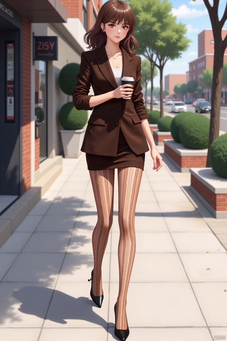 plsw, 1girl,pretty, brown jacket,brown skirt,mini skirt,stiletto heels,brown pantyhose, pattern pantyhose ,holding cup, outdoors, full body, sleeves rolled up, photo background, sidewalk,   walking, legs, legs apart,   masterpiece, realistic, best quality, highly detailed,shx
