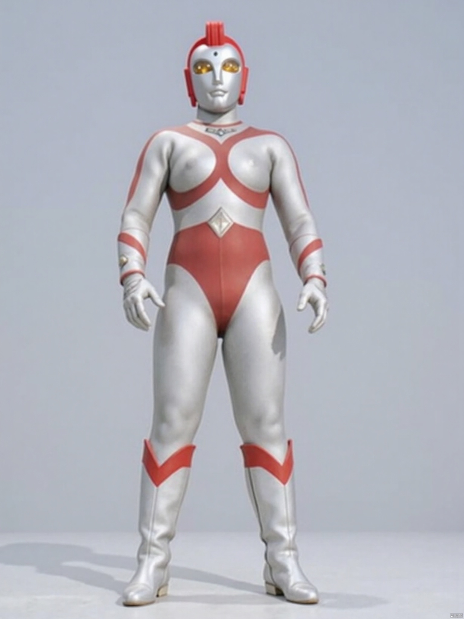 (grey background:1.2),looking at viewer,(SOLO:1.4),outline,simple background,full body,looking at viewer,(((arms at side))),ultraman,silver bodysuit,silver gloves,legwear,gloves,boots,cover,mask,plugsuit,armor,bodysuit,red pattern on body,silver tight-fitting,silver footwear,helmet,leather suit,latex,tokusatsu,no humans,science fiction,silver head,hard mask,no smile,no eyes,no nose,solo,silver rubber bodysuit with red line