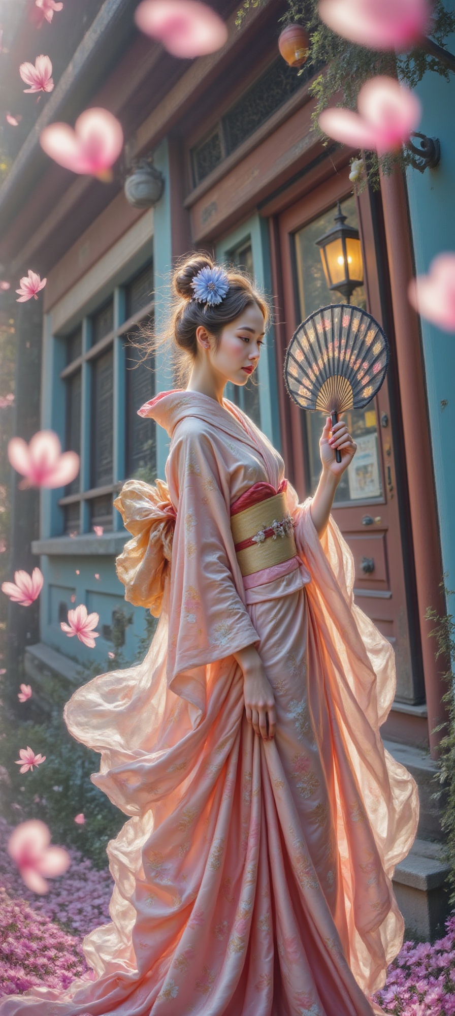 In a cinematic close-up shot,  a serene Japanese geisha stands poised in front of a traditional room window,  adorned in a...