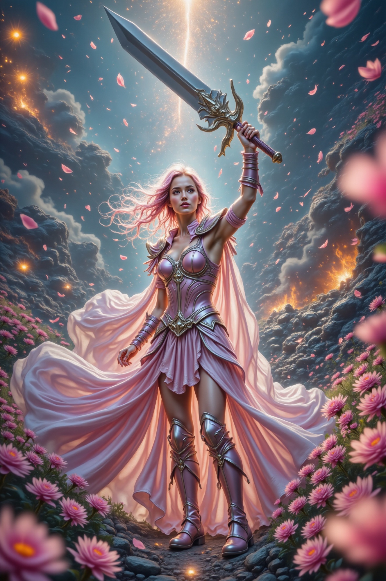 In a dramatic scene,  a dynamic warrior woman stands victorious,  surrounded by a whirlwind of sparks on Tensor.Art