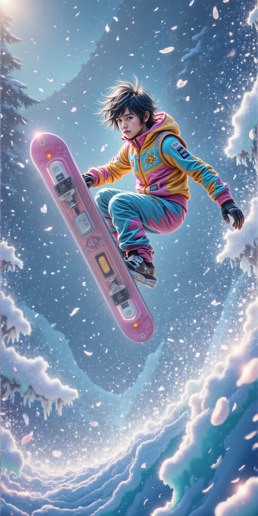 Generate a thrilling illustration of Amuro Ray from Gundam,  now reimagined as a snowboarding athlete. He has short,  spik...