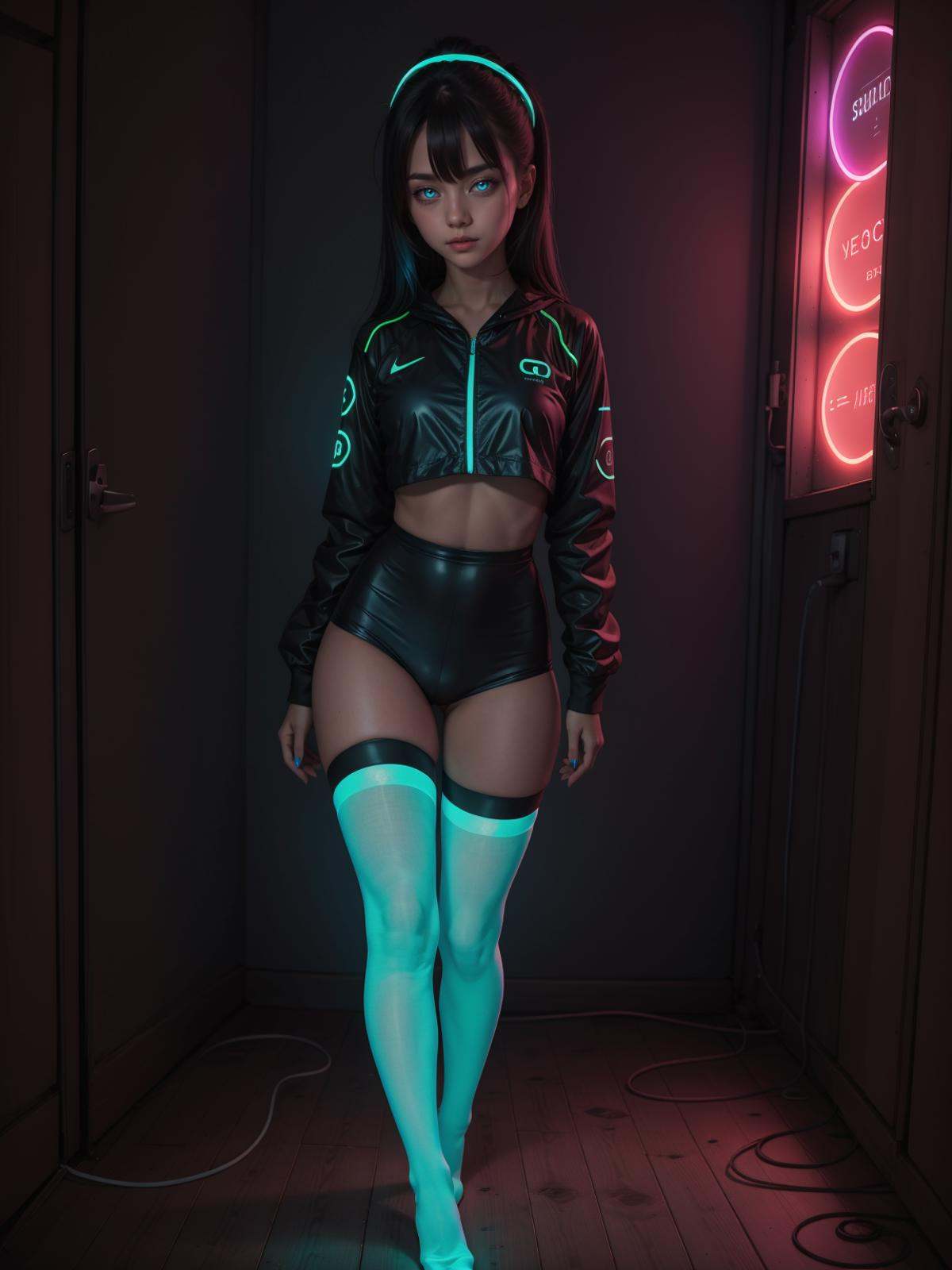 1girl,  glowing neon blue thighhighs on Tensor.Art