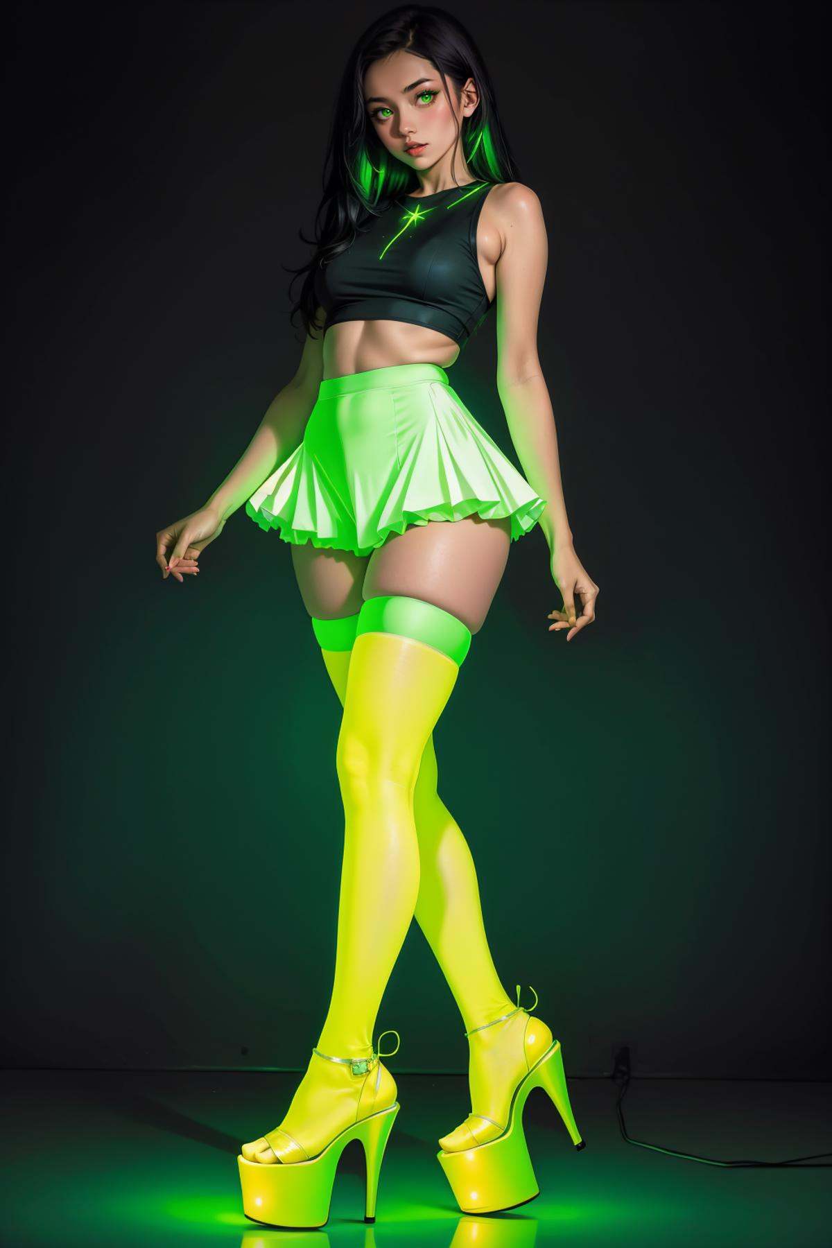 1girl,  glowing neon green platform heels,  glowing neon green thighhighs on Tensor.Art