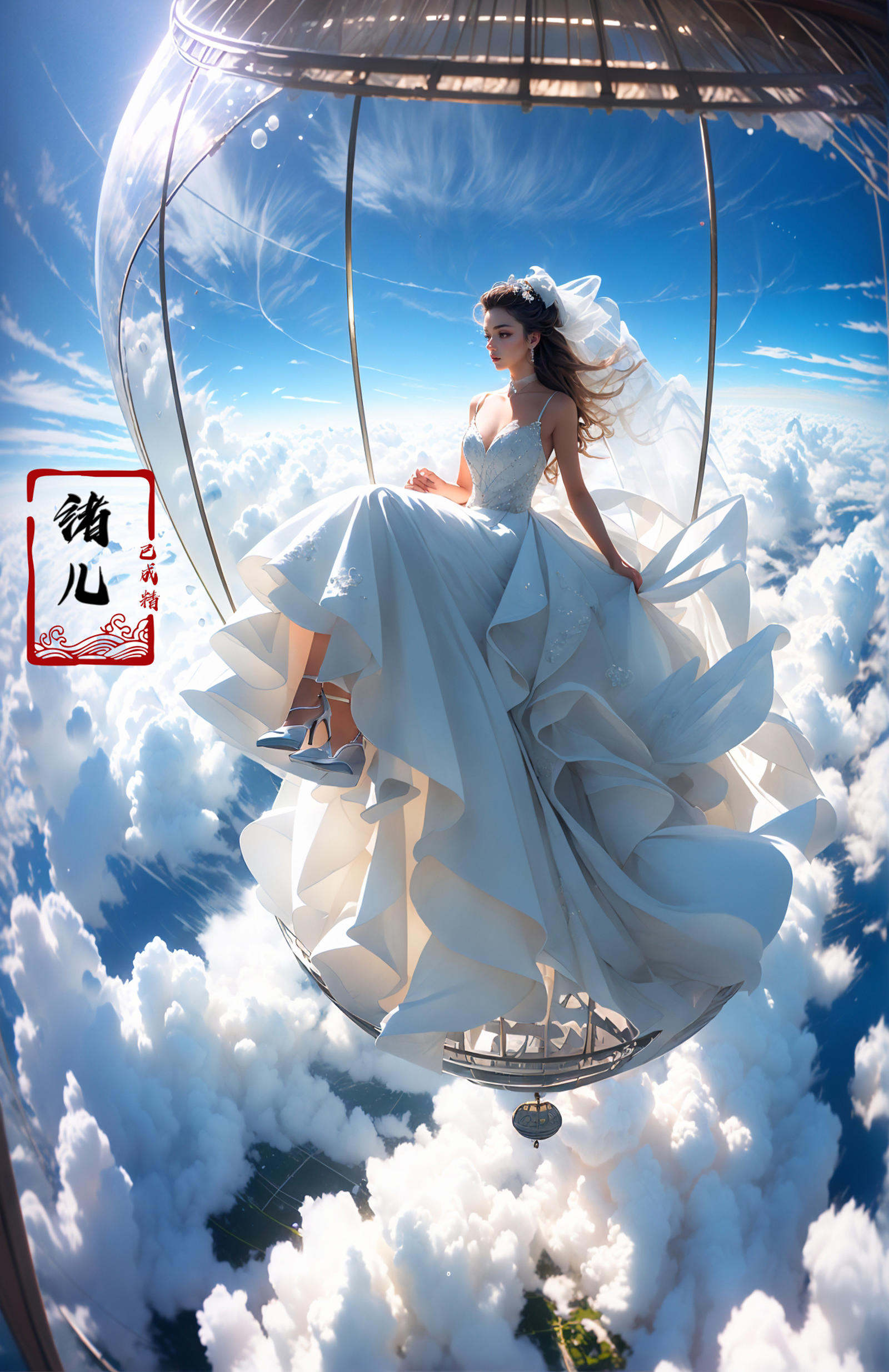A beautiful woman with an angelic face on a hot air Huge birdcage, Huge birdcage drifts above above clouds, awed by the beauty below and, GoPro, motion blur, long exposure, full body, delicate features, high aesthetics and high art, immersed ina cinematic atmosphere, with an unreal portrait style, Paulina Washington, Chinese, realism, martial arts, Play light and shadow, Green light and shadow, Bauhaus photography, 28mm fantasy landscape, Camille Cloud, Selective focus, Panorama，(dramatic, gritty, intense:1.4),masterpiece, best quality, 32k uhd, insane details, intricate details, hyperdetailed, hyper quality, high detail, ultra detailed, Masterpiece,bridal veil，wedding dress，<lora:绪儿-热气球stage:0.8>