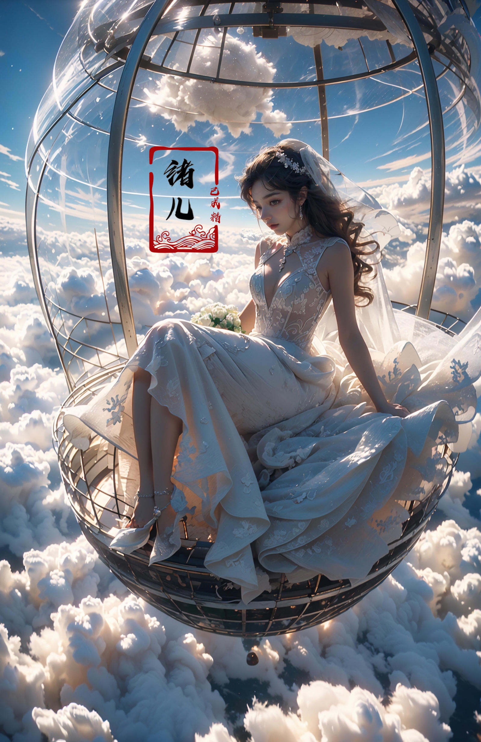 A beautiful woman with an angelic face on a hot air Huge birdcage, Huge birdcage drifts above above clouds, awed by the beauty below and, GoPro, motion blur, long exposure, full body, delicate features, high aesthetics and high art, immersed ina cinematic atmosphere, with an unreal portrait style, Paulina Washington, Chinese, realism, martial arts, Play light and shadow, Green light and shadow, Bauhaus photography, 28mm fantasy landscape, Camille Cloud, Selective focus, Panorama，(dramatic, gritty, intense:1.4),masterpiece, best quality, 32k uhd, insane details, intricate details, hyperdetailed, hyper quality, high detail, ultra detailed, Masterpiece,bridal veil，wedding dress，<lora:绪儿-热气球stage:0.9>