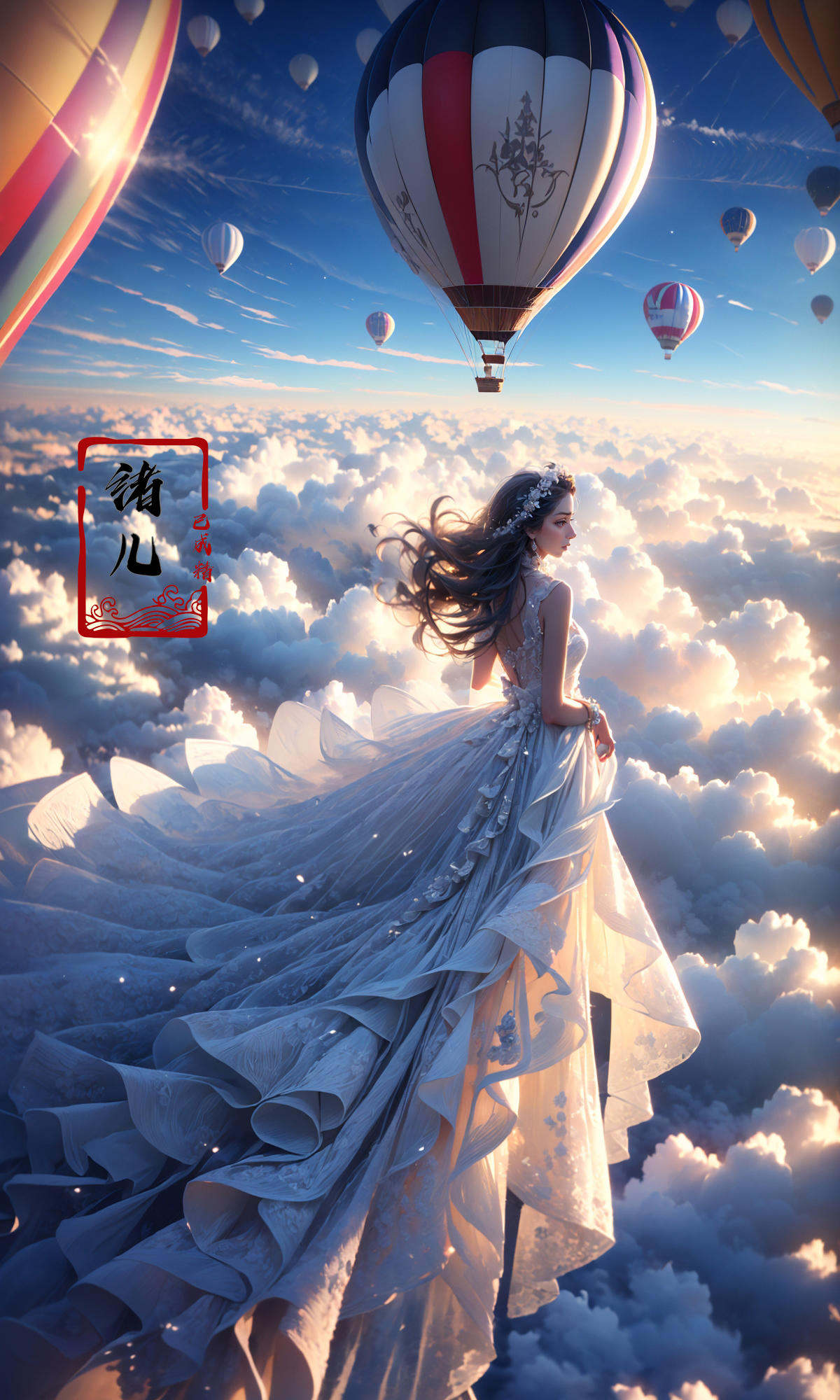 A hot-air balloon drifts above an abandoned theme park, the pilot capturing haunting photos of overgrown roller coasters and flooded game stalls., rubber material, fullbody shot, Claude Monet, Jamie Hawkesworth, Gertrude Abercrombie，(dramatic, gritty, intense:1.4),masterpiece, best quality, 32k uhd, insane details, intricate details, hyperdetailed, hyper quality, high detail, ultra detailed, Masterpiece,bridal veil，wedding dress，<lora:绪儿-热气球stage:0.9>