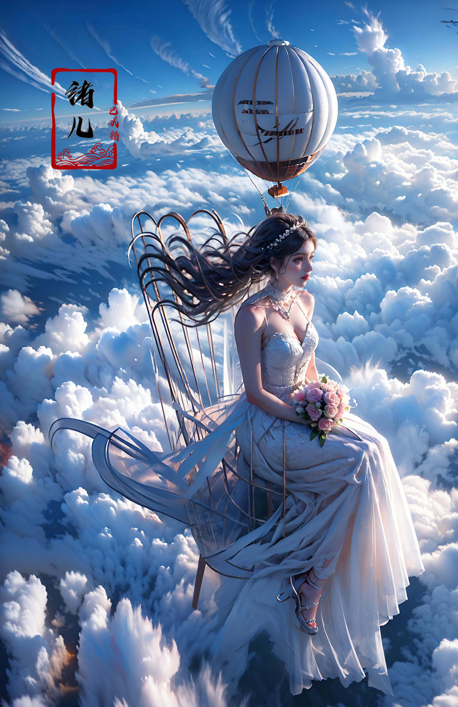 A hot-air balloon drifts above an abandoned theme park, the pilot capturing haunting photos of overgrown roller coasters and flooded game stalls., rubber material, fullbody shot, Claude Monet, Jamie Hawkesworth, Gertrude Abercrombie，(dramatic, gritty, intense:1.4),masterpiece, best quality, 32k uhd, insane details, intricate details, hyperdetailed, hyper quality, high detail, ultra detailed, Masterpiece,bridal veil，wedding dress，<lora:绪儿-热气球stage:0.9>