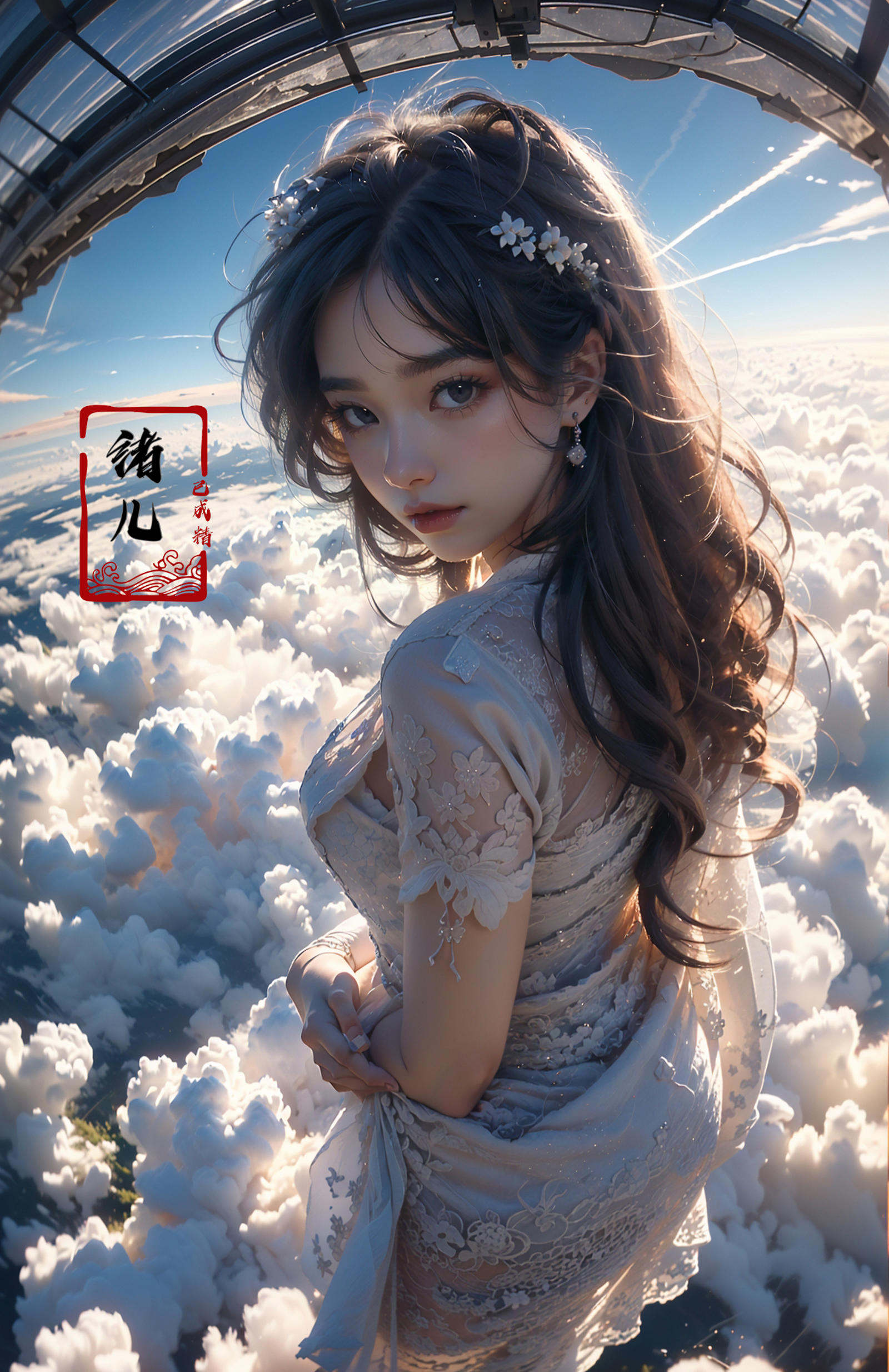 A beautiful woman with an angelic face on a hot air Huge birdcage, Huge birdcage drifts above above clouds, awed by the beauty below and, GoPro, motion blur, long exposure, full body, delicate features, high aesthetics and high art, immersed ina cinematic atmosphere, with an unreal portrait style, Paulina Washington, Chinese, realism, martial arts, Play light and shadow, Green light and shadow, Bauhaus photography, 28mm fantasy landscape, Camille Cloud, Selective focus, Panorama，(dramatic, gritty, intense:1.4),masterpiece, best quality, 32k uhd, insane details, intricate details, hyperdetailed, hyper quality, high detail, ultra detailed, Masterpiece,bridal veil，wedding dress，<lora:绪儿-热气球stage:0.9>