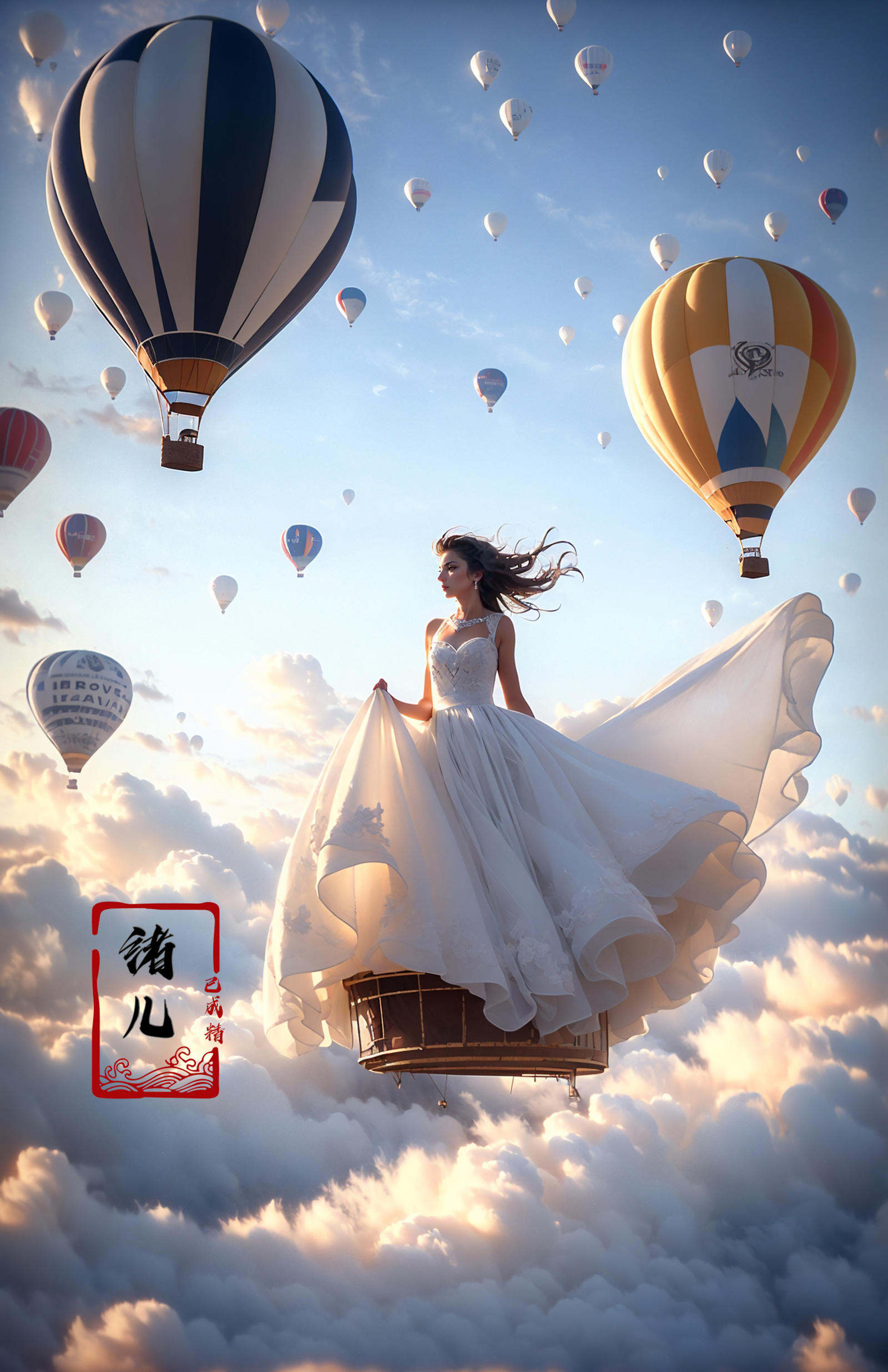 A hot-air balloon drifts above an abandoned theme park, the pilot capturing haunting photos of overgrown roller coasters and flooded game stalls., rubber material, fullbody shot, Claude Monet, Jamie Hawkesworth, Gertrude Abercrombie，(dramatic, gritty, intense:1.4),masterpiece, best quality, 32k uhd, insane details, intricate details, hyperdetailed, hyper quality, high detail, ultra detailed, Masterpiece,bridal veil，wedding dress，<lora:绪儿-热气球stage:0.9>