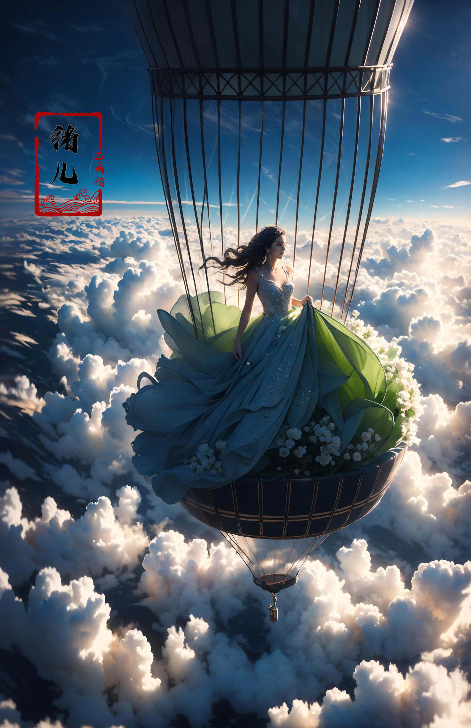 A beautiful woman with an angelic face on a hot air Huge birdcage, Huge birdcage drifts above above clouds, awed by the beauty below and, GoPro, motion blur, long exposure, full body, delicate features, high aesthetics and high art, immersed ina cinematic atmosphere, with an unreal portrait style, Paulina Washington, Chinese, realism, martial arts, Play light and shadow, Green light and shadow, Bauhaus photography, 28mm fantasy landscape, Camille Cloud, Selective focus, Panorama，(dramatic, gritty, intense:1.4),masterpiece, best quality, 32k uhd, insane details, intricate details, hyperdetailed, hyper quality, high detail, ultra detailed, Masterpiece,bridal veil，wedding dress，<lora:绪儿-热气球stage:0.9>