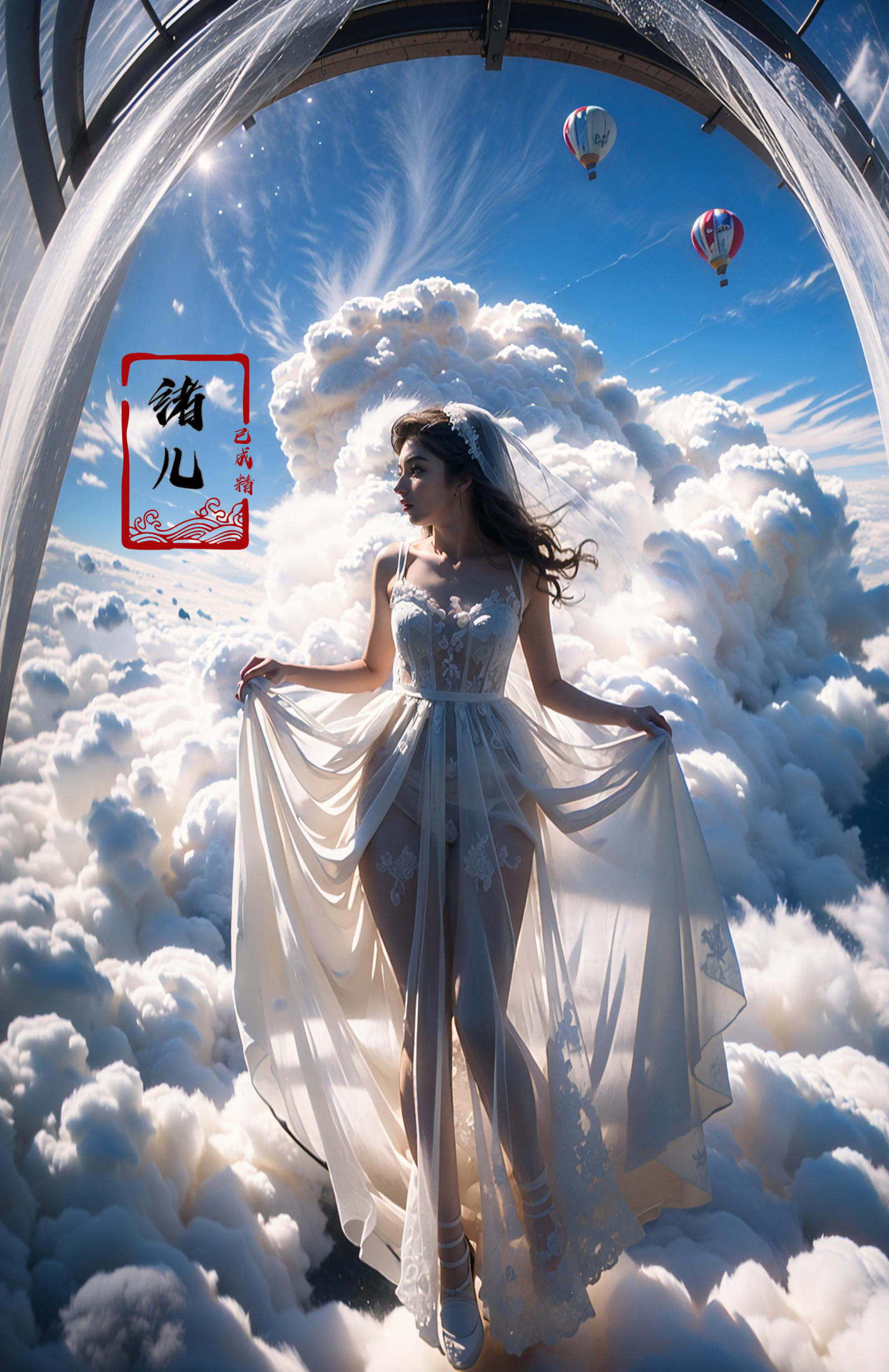 A hot-air balloon drifts above an abandoned theme park, the pilot capturing haunting photos of overgrown roller coasters and flooded game stalls., rubber material, fullbody shot, Claude Monet, Jamie Hawkesworth, Gertrude Abercrombie，(dramatic, gritty, intense:1.4),masterpiece, best quality, 32k uhd, insane details, intricate details, hyperdetailed, hyper quality, high detail, ultra detailed, Masterpiece,bridal veil，wedding dress，<lora:绪儿-热气球stage:0.9>