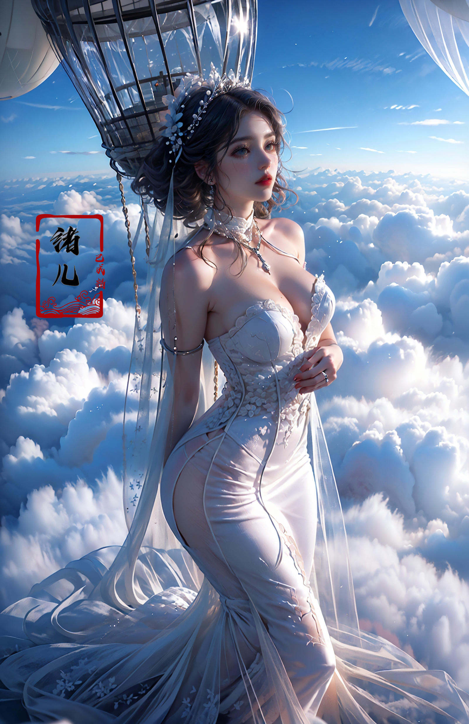 A beautiful woman with an angelic face on a hot air Huge birdcage, Huge birdcage drifts above above clouds, awed by the beauty below and, GoPro, motion blur, long exposure, full body, delicate features, high aesthetics and high art, immersed ina cinematic atmosphere, with an unreal portrait style, Paulina Washington, Chinese, realism, martial arts, Play light and shadow, Green light and shadow, Bauhaus photography, 28mm fantasy landscape, Camille Cloud, Selective focus, Panorama，(dramatic, gritty, intense:1.4),masterpiece, best quality, 32k uhd, insane details, intricate details, hyperdetailed, hyper quality, high detail, ultra detailed, Masterpiece,bridal veil，wedding dress，<lora:绪儿-热气球stage:0.8>