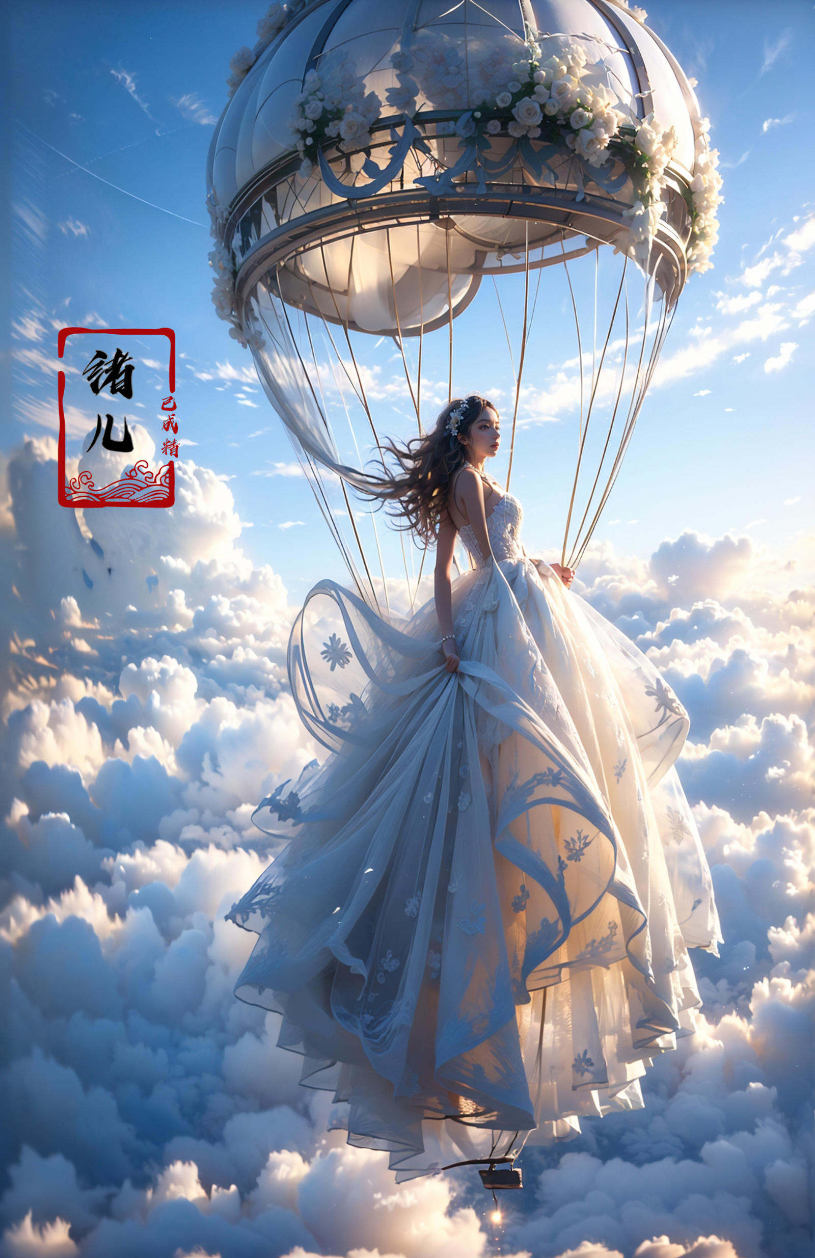 A hot-air balloon drifts above an abandoned theme park, the pilot capturing haunting photos of overgrown roller coasters and flooded game stalls., rubber material, fullbody shot, Claude Monet, Jamie Hawkesworth, Gertrude Abercrombie，(dramatic, gritty, intense:1.4),masterpiece, best quality, 32k uhd, insane details, intricate details, hyperdetailed, hyper quality, high detail, ultra detailed, Masterpiece,bridal veil，wedding dress，<lora:绪儿-热气球stage:0.9>