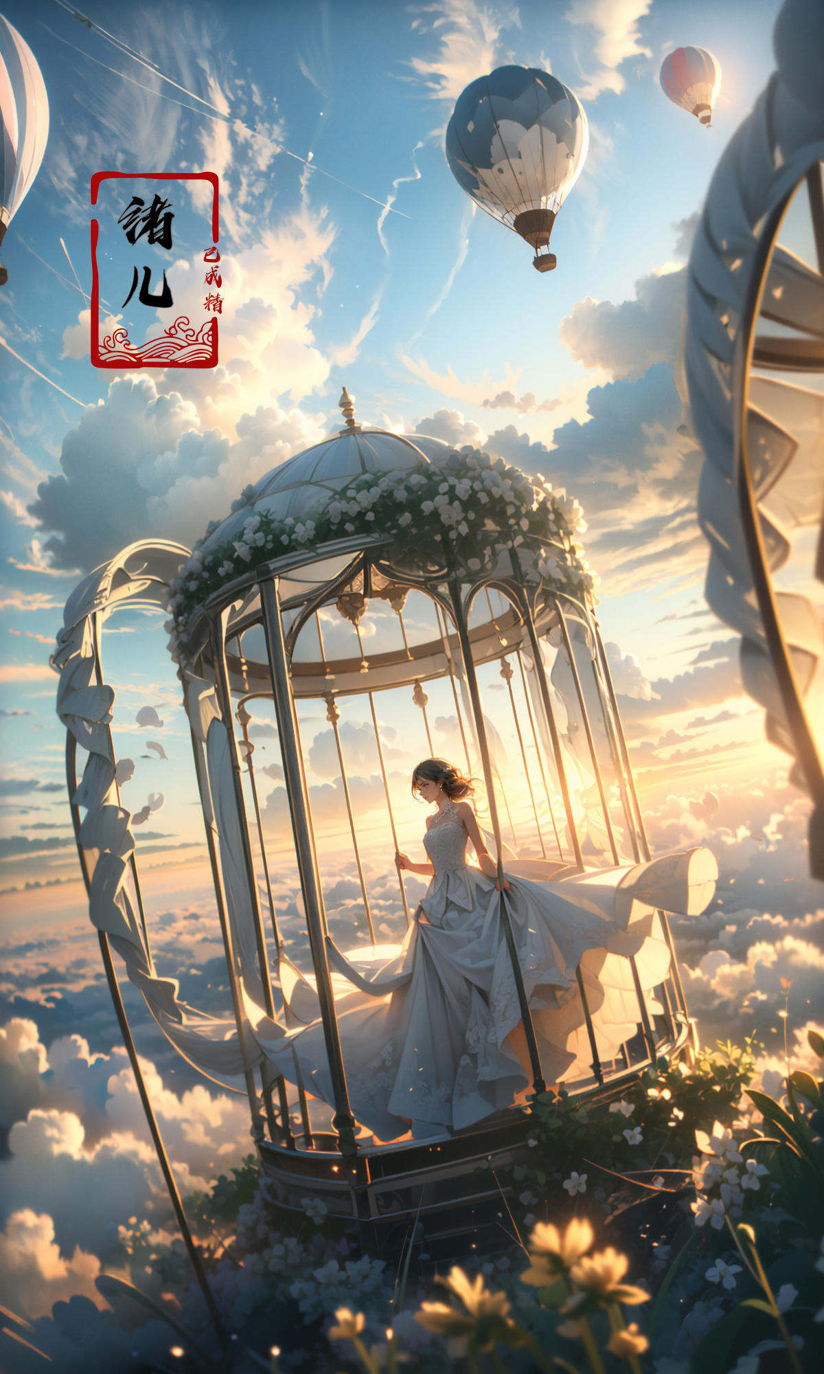 A hot-air balloon drifts above an abandoned theme park, the pilot capturing haunting photos of overgrown roller coasters and flooded game stalls., rubber material, fullbody shot, Claude Monet, Jamie Hawkesworth, Gertrude Abercrombie，(dramatic, gritty, intense:1.4),masterpiece, best quality, 32k uhd, insane details, intricate details, hyperdetailed, hyper quality, high detail, ultra detailed, Masterpiece,bridal veil，wedding dress，<lora:绪儿-热气球stage:0.9>