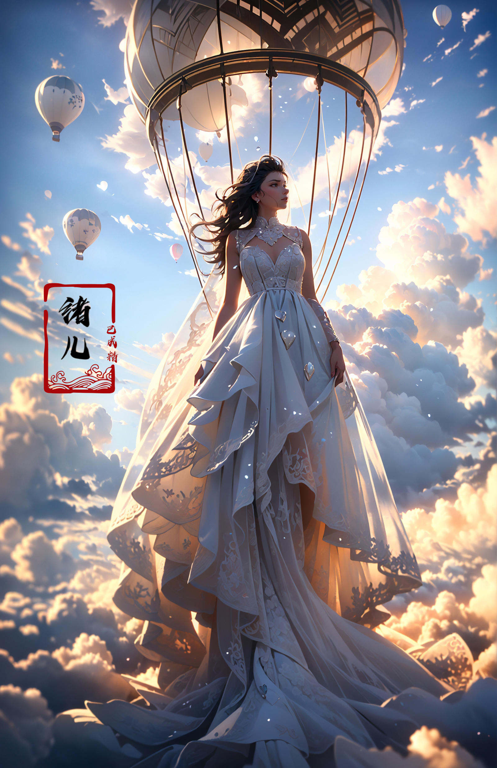 A hot-air balloon drifts above an abandoned theme park, the pilot capturing haunting photos of overgrown roller coasters and flooded game stalls., rubber material, fullbody shot, Claude Monet, Jamie Hawkesworth, Gertrude Abercrombie，(dramatic, gritty, intense:1.4),masterpiece, best quality, 32k uhd, insane details, intricate details, hyperdetailed, hyper quality, high detail, ultra detailed, Masterpiece,bridal veil，wedding dress，<lora:绪儿-热气球stage:0.9>
