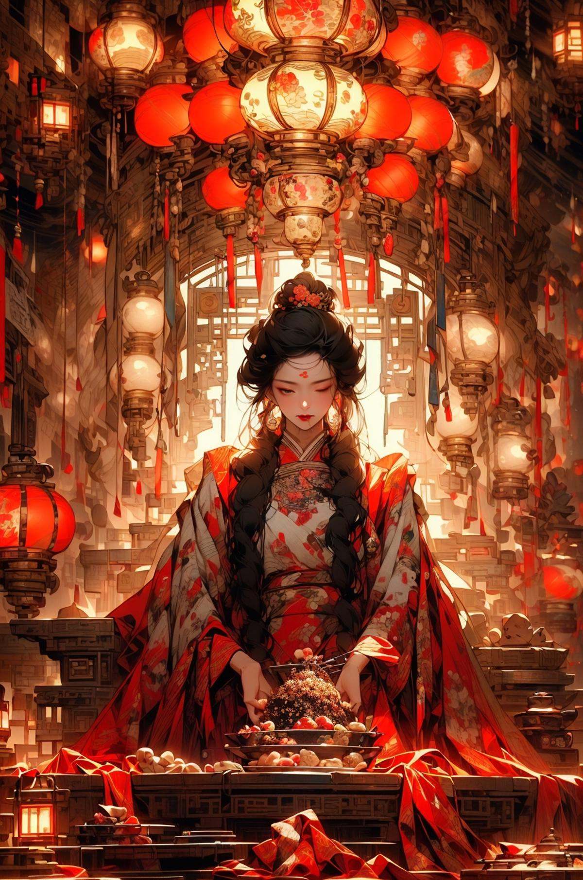 (dramatic, gritty, intense:1.4),masterpiece, best quality, 8k, insane details, intricate details, hyperdetailed, hyper quality, high detail, ultra detailed, (Dynamic Angle:1.5),(wide-angle lens,Panoramic:1.2),cyberpunk，Depth of field,(chinese style architecture),((cyberpunk city)), (light pollution), rainy night, (wet), (((cropped shoulders))), (cyberpunk), science fiction, workshop,((shiny skin)), {Extremely Delicate Beautiful},Chinese style clothes,Chinese Han clothing,White and blue Taoist robe, (colored china dress), (hybrid), messy_hair, multicolored hair, (colored tips), shiny hair,((exoskeleton)), (mechanical joints), (mechanical parts), ((internal structure)), (detailed structure),  hair rings, mechanical internal structure, delicate internal structure,(cables), (wires), (pistons), electricity, (glowing orbs), (luminous engine), energy cannon, (energy core), (cables connected to body), (wire connected to body), (robotic arms), ((Electronic collar)),3d, 3d render, ray tracing,(1 group of women in qipao, eating Hot pot:1.4), heterochromia，(sitting around a round table:1.2), in a traditional noodle restaurant, (chopsticks:1.5) in hand, slurping noodles, (smiling and chatting:1.2), (red lipstick:1.1), (long hair:1.1) styled in classic Chinese fashion, (floral patterns:1.2) on their qipao dresses, brightly colored, (steaming bowls of noodles:1.4) on the table, with chopsticks and soup spoons beside them, (traditional decorations:1.1) on the walls, such as lanterns and calligraphy，(cyber screen frame:1.3),(cyberpunk Colorless goggles:1.2),1 large round table, filled with vegetables and food, (abundant variety:1.3), colorful display of fresh produce, (vibrant fruits:1.2), (leafy greens:1.1), (crisp vegetables:1.1), (juicy berries:1.2), (aromatic herbs:1.1), (grains and legumes:1.1), (assorted nuts and seeds:1.2), (delicious pastries:1.3), (mouth-watering desserts:1.2), (appetizing dishes:1.1), (platters of salads:1.2), (bowls of soups:1.1), (plates of roasted vegetables:1.2), (colorful smoothies:1.3),  (glass pitchers of refreshing drinks:1.2), (utensils and cutlery:1.1) neatly arranged, creating a feast for the eyes and a celebration of healthy and flavorful cuisine， queen，<lora:绪儿-女帝queen:1>