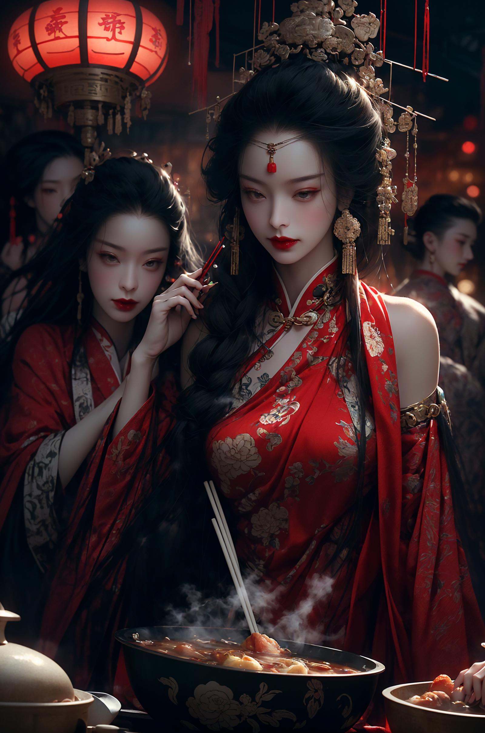(dramatic, gritty, intense:1.4),masterpiece, best quality, 8k, insane details, intricate details, hyperdetailed, hyper quality, high detail, ultra detailed, (Dynamic Angle:1.5),(wide-angle lens,Panoramic:1.2),cyberpunk，Depth of field,(chinese style architecture),((cyberpunk city)), (light pollution), rainy night, (wet), (((cropped shoulders))), (cyberpunk), science fiction, workshop,((shiny skin)), {Extremely Delicate Beautiful},Chinese style clothes,Chinese Han clothing,White and blue Taoist robe, (colored china dress), (hybrid), messy_hair, multicolored hair, (colored tips), shiny hair,((exoskeleton)), (mechanical joints), (mechanical parts), ((internal structure)), (detailed structure),  hair rings, mechanical internal structure, delicate internal structure,(cables), (wires), (pistons), electricity, (glowing orbs), (luminous engine), energy cannon, (energy core), (cables connected to body), (wire connected to body), (robotic arms), ((Electronic collar)),3d, 3d render, ray tracing,(1 group of women in qipao, eating Hot pot:1.4), heterochromia，(sitting around a round table:1.2), in a traditional noodle restaurant, (chopsticks:1.5) in hand, slurping noodles, (smiling and chatting:1.2), (red lipstick:1.1), (long hair:1.1) styled in classic Chinese fashion, (floral patterns:1.2) on their qipao dresses, brightly colored, (steaming bowls of noodles:1.4) on the table, with chopsticks and soup spoons beside them, (traditional decorations:1.1) on the walls, such as lanterns and calligraphy，(cyber screen frame:1.3),(cyberpunk Colorless goggles:1.2),1 large round table, filled with vegetables and food, (abundant variety:1.3), colorful display of fresh produce, (vibrant fruits:1.2), (leafy greens:1.1), (crisp vegetables:1.1), (juicy berries:1.2), (aromatic herbs:1.1), (grains and legumes:1.1), (assorted nuts and seeds:1.2), (delicious pastries:1.3), (mouth-watering desserts:1.2), (appetizing dishes:1.1), (platters of salads:1.2), (bowls of soups:1.1), (plates of roasted vegetables:1.2), (colorful smoothies:1.3),  (glass pitchers of refreshing drinks:1.2), (utensils and cutlery:1.1) neatly arranged, creating a feast for the eyes and a celebration of healthy and flavorful cuisine， queen，<lora:绪儿-女帝queen:1>