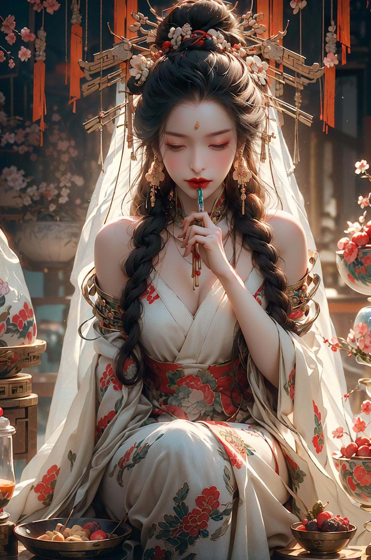 (dramatic, gritty, intense:1.4),masterpiece, best quality, 8k, insane details, intricate details, hyperdetailed, hyper quality, high detail, ultra detailed, (Dynamic Angle:1.5),(wide-angle lens,Panoramic:1.2),cyberpunk，Depth of field,(chinese style architecture),((cyberpunk city)), (light pollution), rainy night, (wet), (((cropped shoulders))), (cyberpunk), science fiction, workshop,((shiny skin)), {Extremely Delicate Beautiful},Chinese style clothes,Chinese Han clothing,White and blue Taoist robe, (colored china dress), (hybrid), messy_hair, multicolored hair, (colored tips), shiny hair,((exoskeleton)), (mechanical joints), (mechanical parts), ((internal structure)), (detailed structure),  hair rings, mechanical internal structure, delicate internal structure,(cables), (wires), (pistons), electricity, (glowing orbs), (luminous engine), energy cannon, (energy core), (cables connected to body), (wire connected to body), (robotic arms), ((Electronic collar)),3d, 3d render, ray tracing,(1 group of women in qipao, eating Hot pot:1.4), heterochromia，(sitting around a round table:1.2), in a traditional noodle restaurant, (chopsticks:1.5) in hand, slurping noodles, (smiling and chatting:1.2), (red lipstick:1.1), (long hair:1.1) styled in classic Chinese fashion, (floral patterns:1.2) on their qipao dresses, brightly colored, (steaming bowls of noodles:1.4) on the table, with chopsticks and soup spoons beside them, (traditional decorations:1.1) on the walls, such as lanterns and calligraphy，(cyber screen frame:1.3),(cyberpunk Colorless goggles:1.2),1 large round table, filled with vegetables and food, (abundant variety:1.3), colorful display of fresh produce, (vibrant fruits:1.2), (leafy greens:1.1), (crisp vegetables:1.1), (juicy berries:1.2), (aromatic herbs:1.1), (grains and legumes:1.1), (assorted nuts and seeds:1.2), (delicious pastries:1.3), (mouth-watering desserts:1.2), (appetizing dishes:1.1), (platters of salads:1.2), (bowls of soups:1.1), (plates of roasted vegetables:1.2), (colorful smoothies:1.3),  (glass pitchers of refreshing drinks:1.2), (utensils and cutlery:1.1) neatly arranged, creating a feast for the eyes and a celebration of healthy and flavorful cuisine， queen，<lora:绪儿-女帝queen:1>