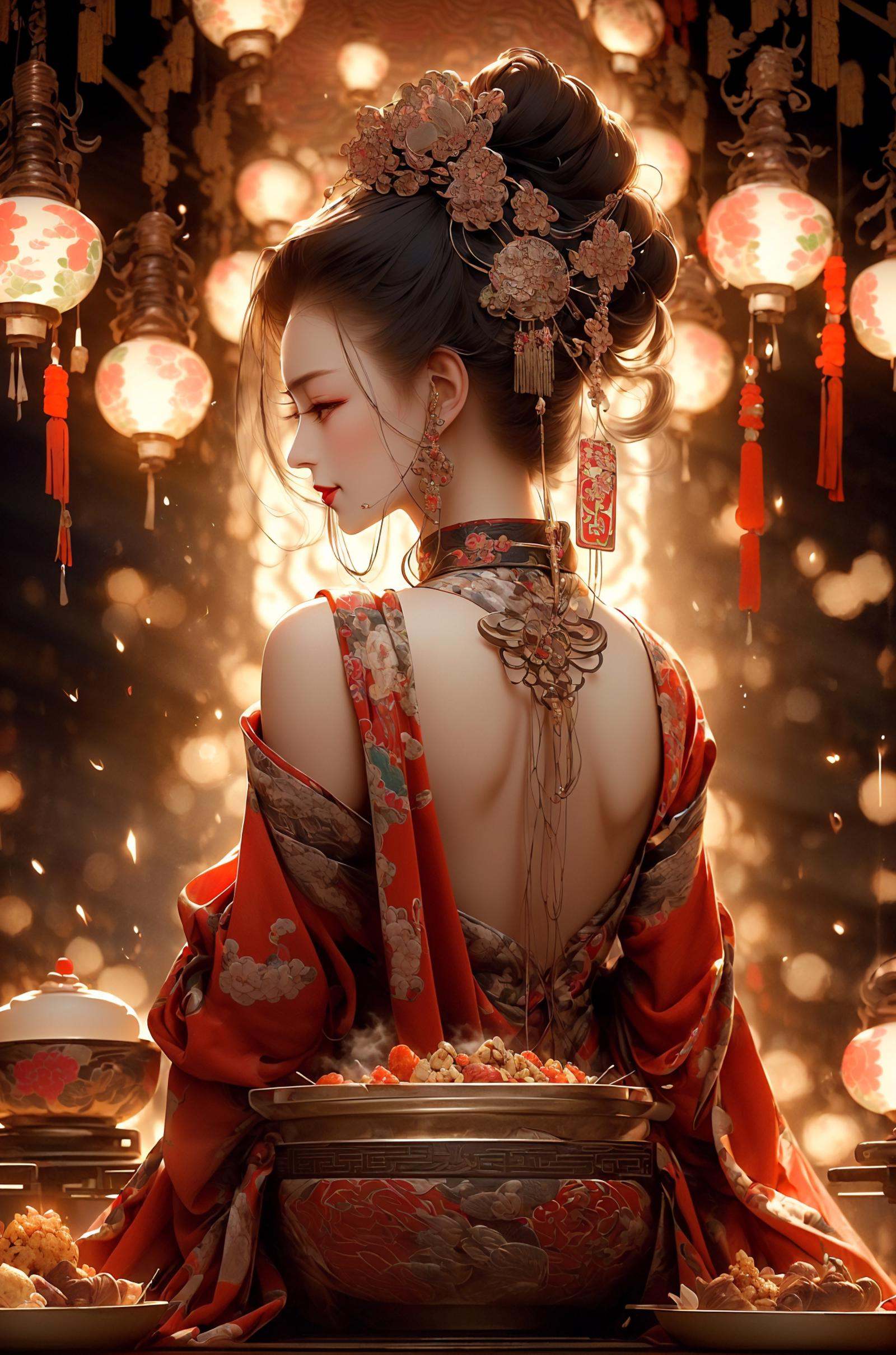(dramatic, gritty, intense:1.4),masterpiece, best quality, 8k, insane details, intricate details, hyperdetailed, hyper quality, high detail, ultra detailed, (Dynamic Angle:1.5),(wide-angle lens,Panoramic:1.2), ((neck)),(((back))),(looking back),dhalter dress, sliver hair,backless dress，cyberpunk，Depth of field,(chinese style architecture),((cyberpunk city)), (light pollution), rainy night, (wet), (((cropped shoulders))), (cyberpunk), science fiction, workshop,((shiny skin)), {Extremely Delicate Beautiful},Chinese style clothes,Chinese Han clothing,White and blue Taoist robe, (colored china dress), (hybrid), messy_hair, multicolored hair, (colored tips), shiny hair,((exoskeleton)), (mechanical joints), (mechanical parts), ((internal structure)), (detailed structure),  hair rings, mechanical internal structure, delicate internal structure,(cables), (wires), (pistons), electricity, (glowing orbs), (luminous engine), energy cannon, (energy core), (cables connected to body), (wire connected to body), (robotic arms), ((Electronic collar)),3d, 3d render, ray tracing,(1 group of women in qipao, eating Hot pot:1.4), heterochromia，(sitting around a round table:1.2), in a traditional noodle restaurant, (chopsticks:1.5) in hand, slurping noodles, (smiling and chatting:1.2), (red lipstick:1.1), (long hair:1.1) styled in classic Chinese fashion, (floral patterns:1.2) on their qipao dresses, brightly colored, (steaming bowls of noodles:1.4) on the table, with chopsticks and soup spoons beside them, (traditional decorations:1.1) on the walls, such as lanterns and calligraphy，(cyber screen frame:1.3),(cyberpunk Colorless goggles:1.2),1 large round table, filled with vegetables and food, (abundant variety:1.3), colorful display of fresh produce, (vibrant fruits:1.2), (leafy greens:1.1), (crisp vegetables:1.1), (juicy berries:1.2), (aromatic herbs:1.1), (grains and legumes:1.1), (assorted nuts and seeds:1.2), (delicious pastries:1.3), (mouth-watering desserts:1.2), (appetizing dishes:1.1), (platters of salads:1.2), (bowls of soups:1.1), (plates of roasted vegetables:1.2), (colorful smoothies:1.3),  (glass pitchers of refreshing drinks:1.2), (utensils and cutlery:1.1) neatly arranged, creating a feast for the eyes and a celebration of healthy and flavorful cuisine， queen，<lora:绪儿-女帝queen:1>