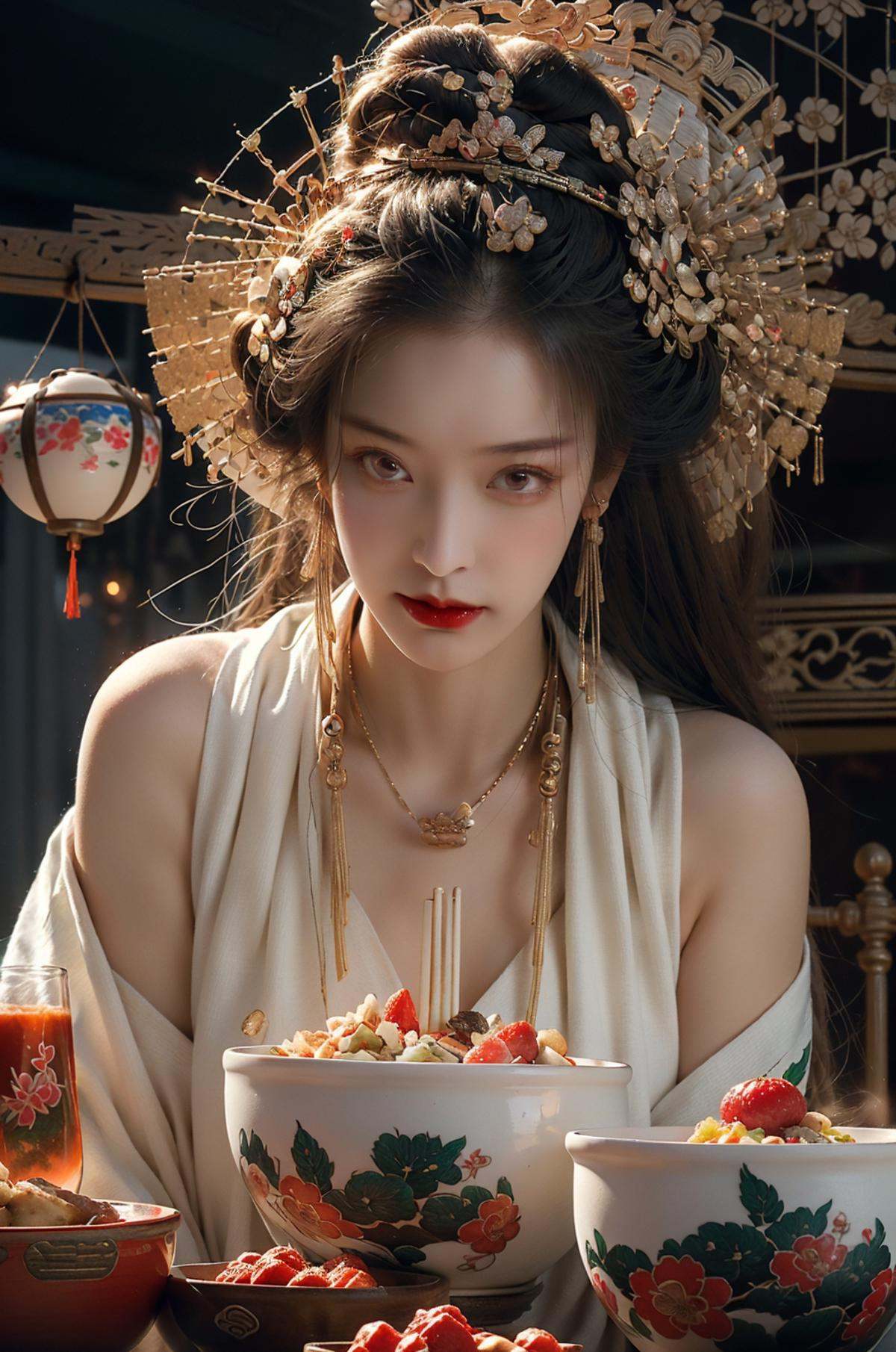 (dramatic, gritty, intense:1.4),masterpiece, best quality, 8k, insane details, intricate details, hyperdetailed, hyper quality, high detail, ultra detailed, (Dynamic Angle:1.5),(wide-angle lens,Panoramic:1.2),cyberpunk，Depth of field,(chinese style architecture),((cyberpunk city)), (light pollution), rainy night, (wet), (((cropped shoulders))), (cyberpunk), science fiction, workshop,((shiny skin)), {Extremely Delicate Beautiful},Chinese style clothes,Chinese Han clothing,White and blue Taoist robe, (colored china dress), (hybrid), messy_hair, multicolored hair, (colored tips), shiny hair,((exoskeleton)), (mechanical joints), (mechanical parts), ((internal structure)), (detailed structure),  hair rings, mechanical internal structure, delicate internal structure,(cables), (wires), (pistons), electricity, (glowing orbs), (luminous engine), energy cannon, (energy core), (cables connected to body), (wire connected to body), (robotic arms), ((Electronic collar)),3d, 3d render, ray tracing,(1 group of women in qipao, eating Hot pot:1.4), heterochromia，(sitting around a round table:1.2), in a traditional noodle restaurant, (chopsticks:1.5) in hand, slurping noodles, (smiling and chatting:1.2), (red lipstick:1.1), (long hair:1.1) styled in classic Chinese fashion, (floral patterns:1.2) on their qipao dresses, brightly colored, (steaming bowls of noodles:1.4) on the table, with chopsticks and soup spoons beside them, (traditional decorations:1.1) on the walls, such as lanterns and calligraphy，(cyber screen frame:1.3),(cyberpunk Colorless goggles:1.2),1 large round table, filled with vegetables and food, (abundant variety:1.3), colorful display of fresh produce, (vibrant fruits:1.2), (leafy greens:1.1), (crisp vegetables:1.1), (juicy berries:1.2), (aromatic herbs:1.1), (grains and legumes:1.1), (assorted nuts and seeds:1.2), (delicious pastries:1.3), (mouth-watering desserts:1.2), (appetizing dishes:1.1), (platters of salads:1.2), (bowls of soups:1.1), (plates of roasted vegetables:1.2), (colorful smoothies:1.3),  (glass pitchers of refreshing drinks:1.2), (utensils and cutlery:1.1) neatly arranged, creating a feast for the eyes and a celebration of healthy and flavorful cuisine， queen，<lora:绪儿-女帝queen:1>
